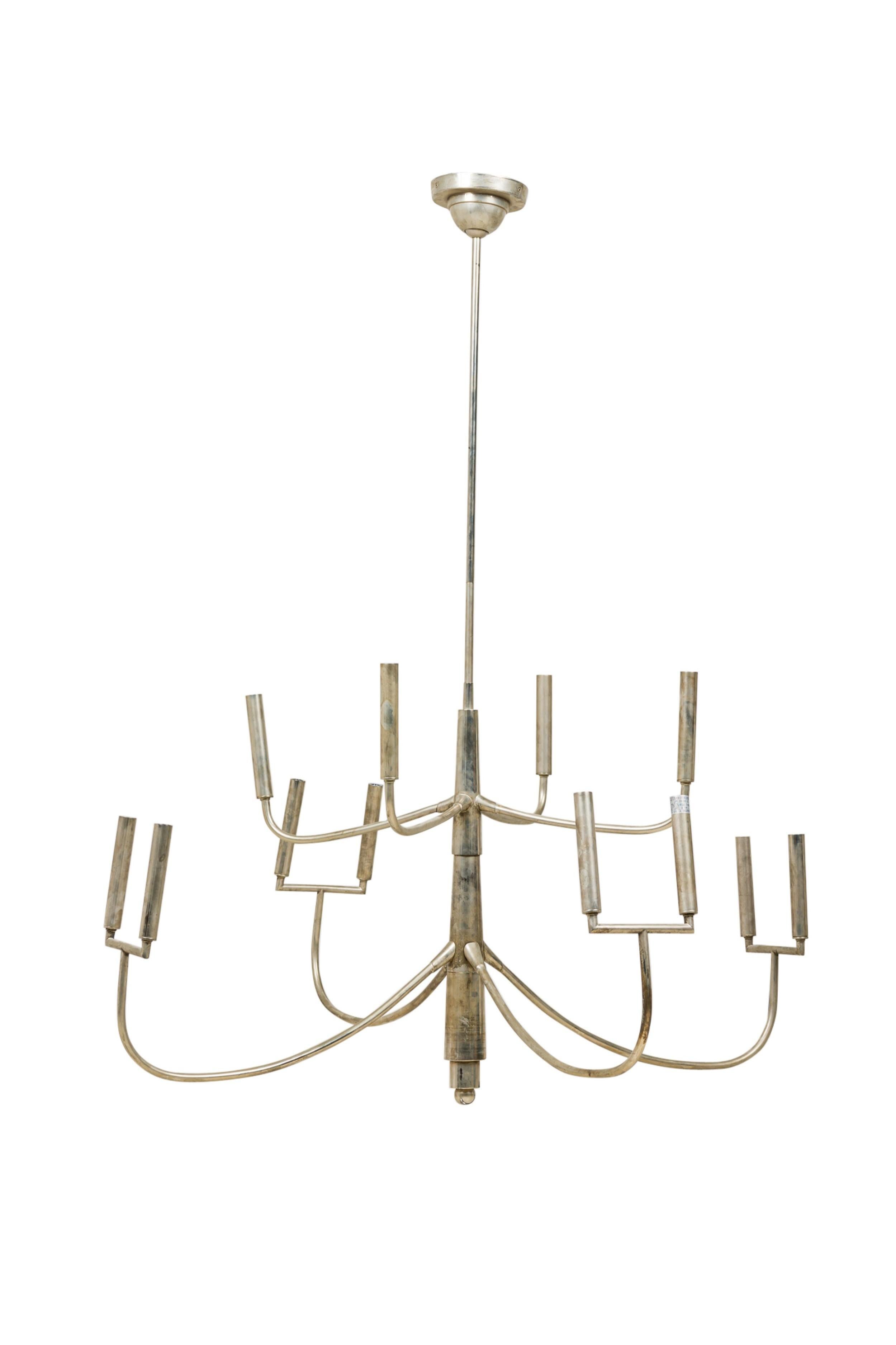 Modern American Mid-Century 12 Light 8 Arm Polished Silver Chandelier For Sale