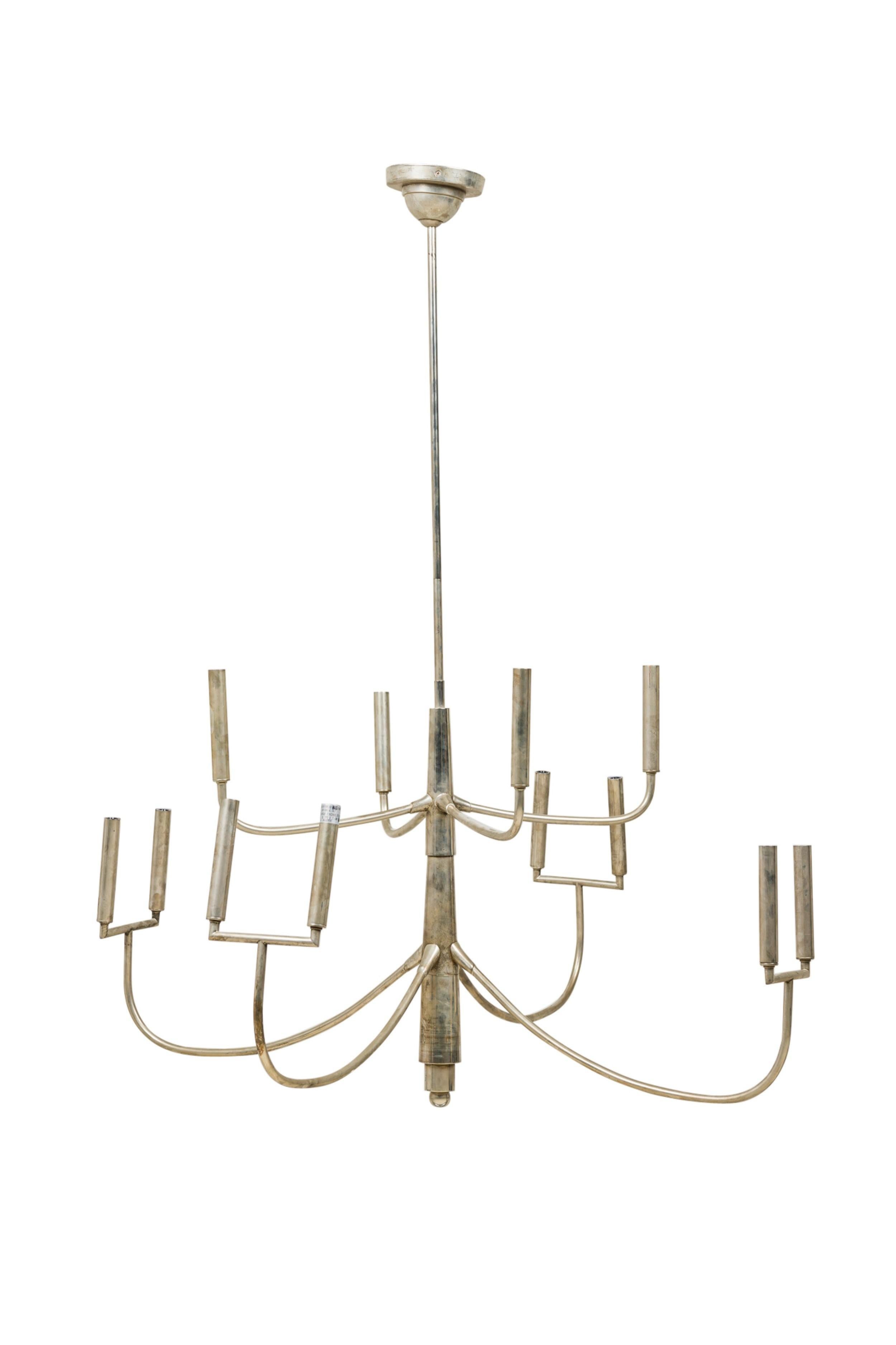 North American American Mid-Century 12 Light 8 Arm Polished Silver Chandelier For Sale