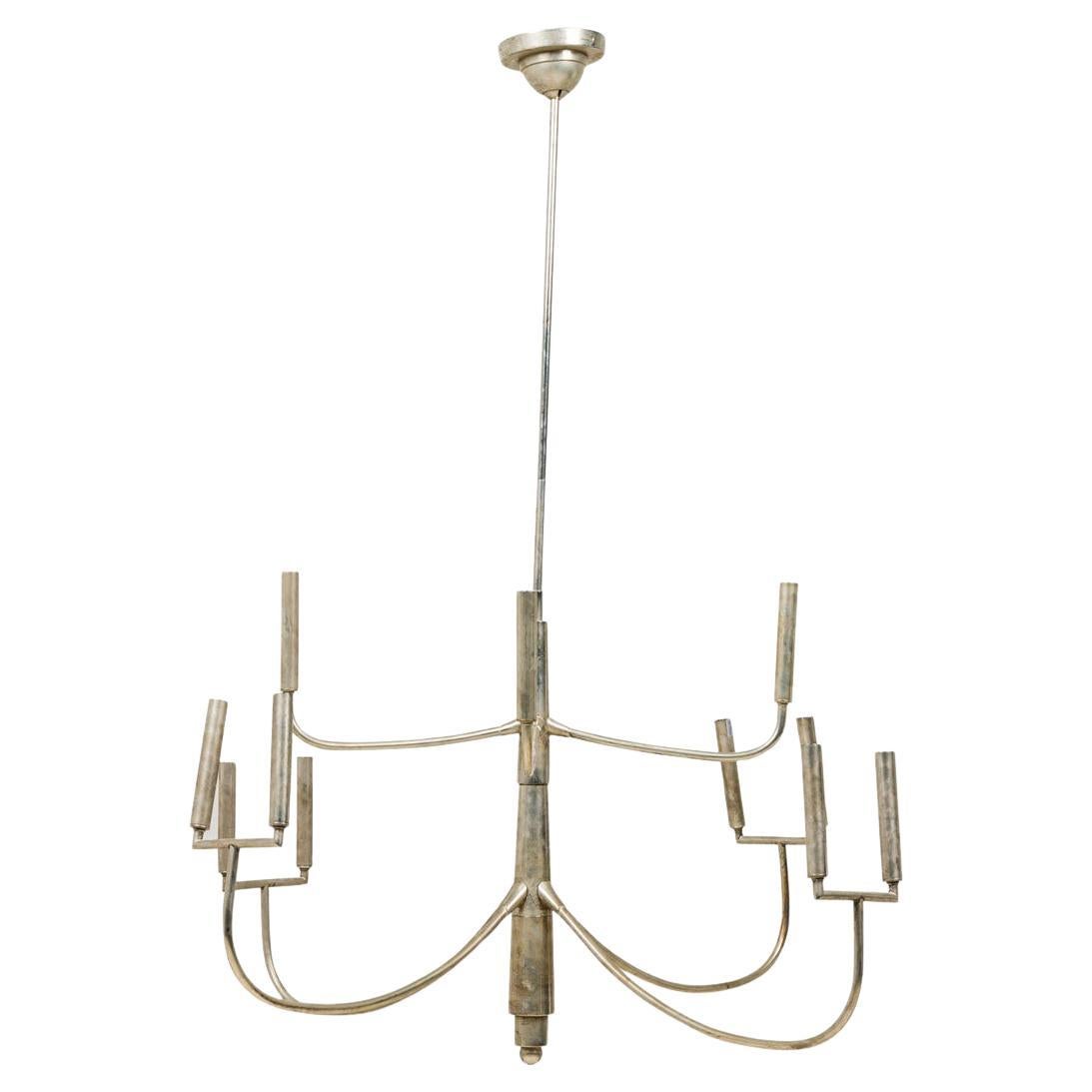 20th Century American Polished Silver 2-Tier Chandelier with 12 Lights