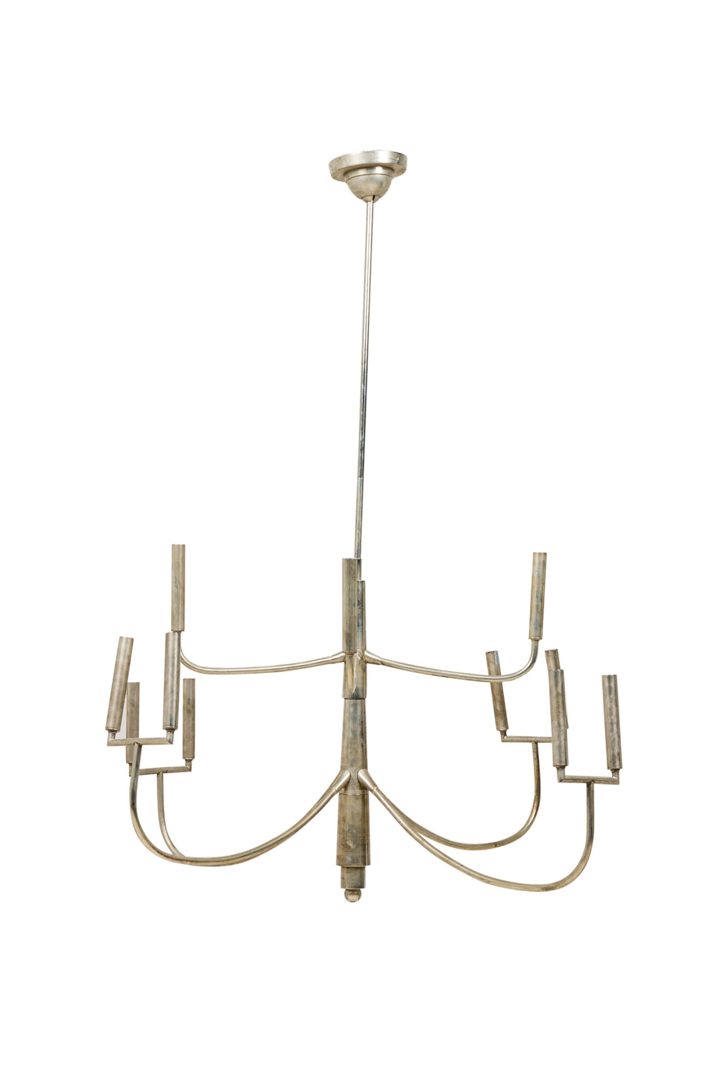 American Mid-Century 12 Light 8 Arm Polished Silver Chandelier