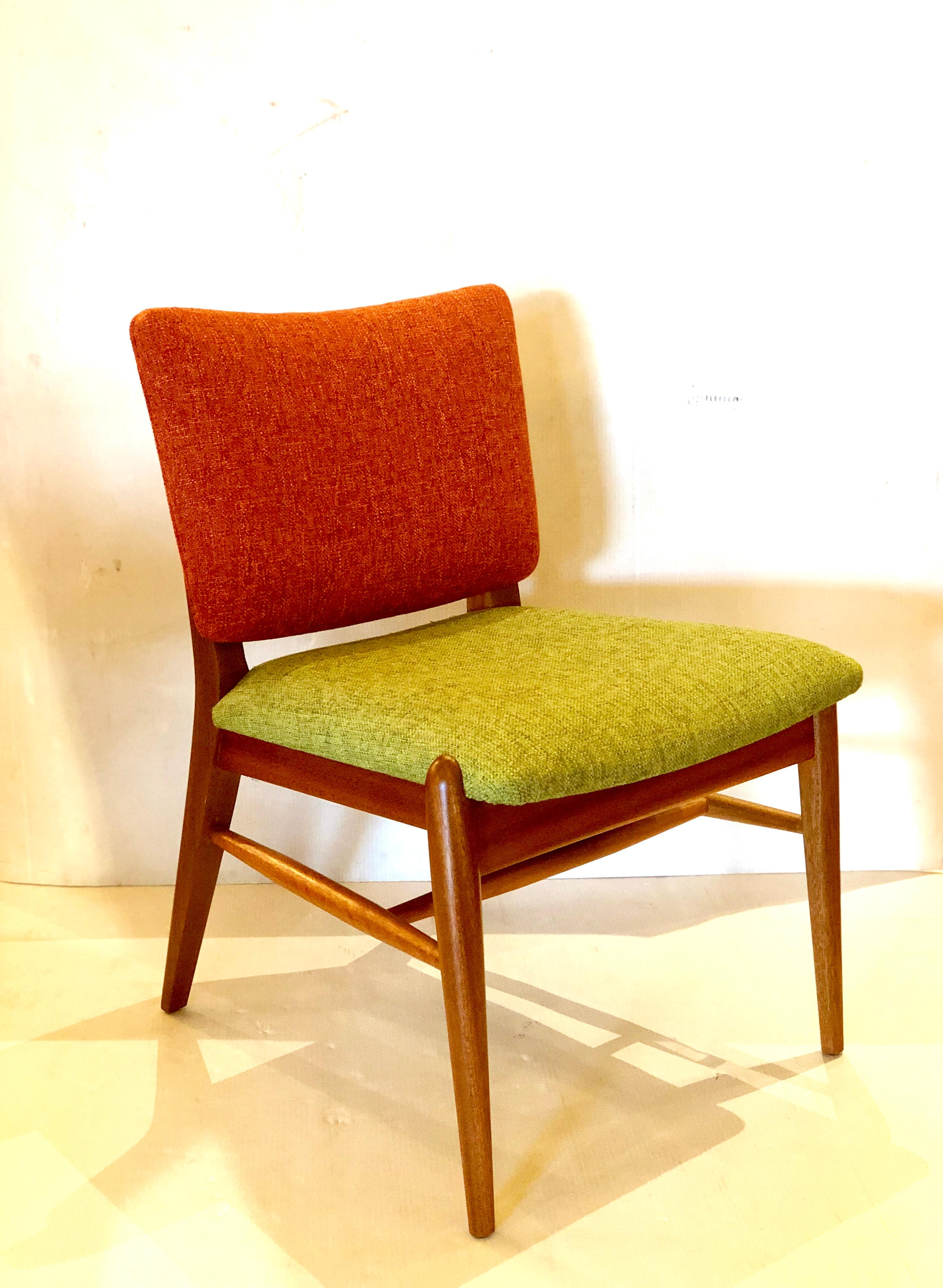Rare set of 4 dining chairs designed by John Keal for Brown Saltman, circa 1950s freshly refinished and recover in two tone material, by Knoll the solid mahogany frames have been refinished these chairs are solid and sturdy new foam and new fabric.