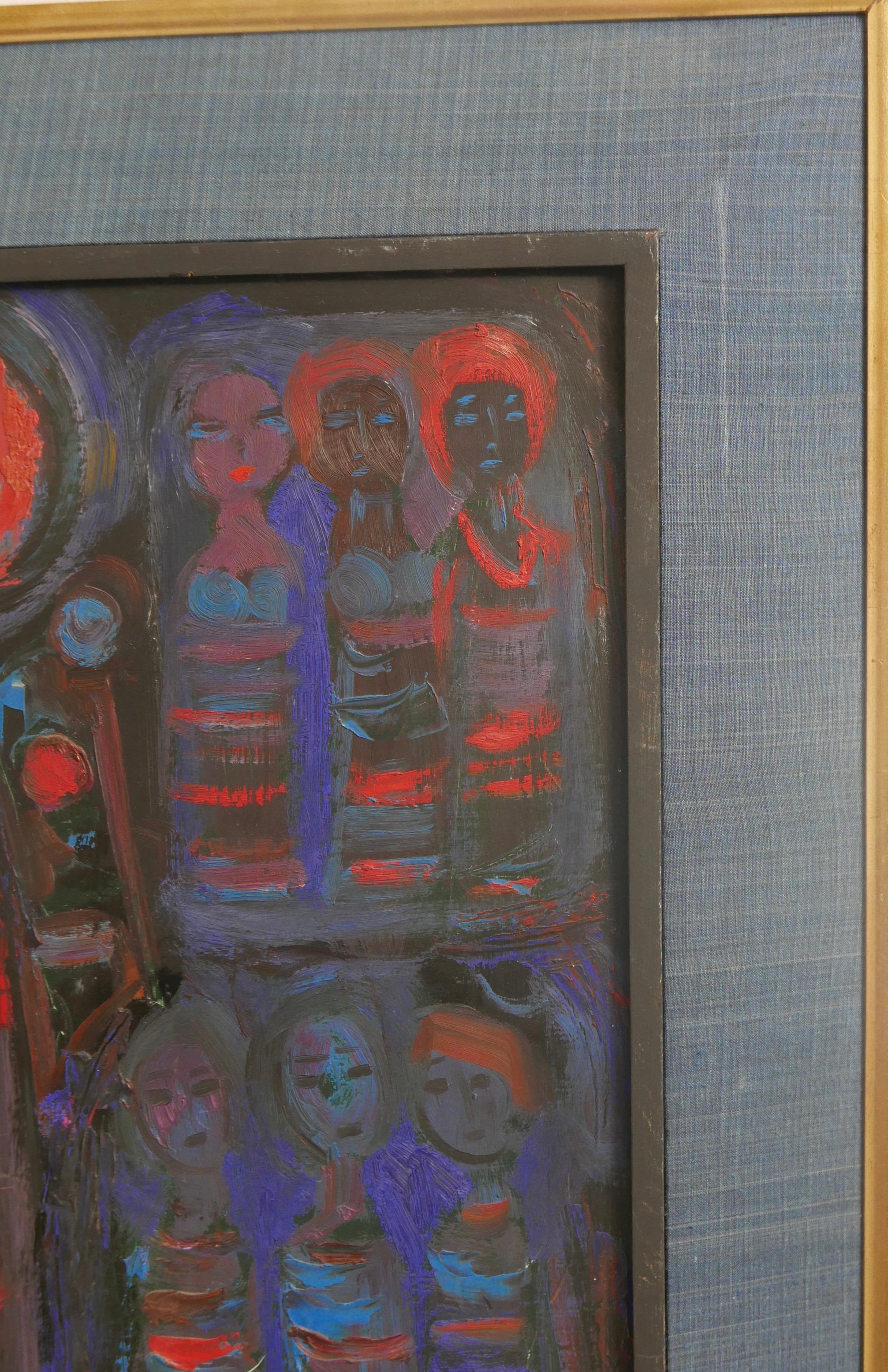 American Midcentury Abstract Modernist Painting with Figures In Good Condition For Sale In San Francisco, CA