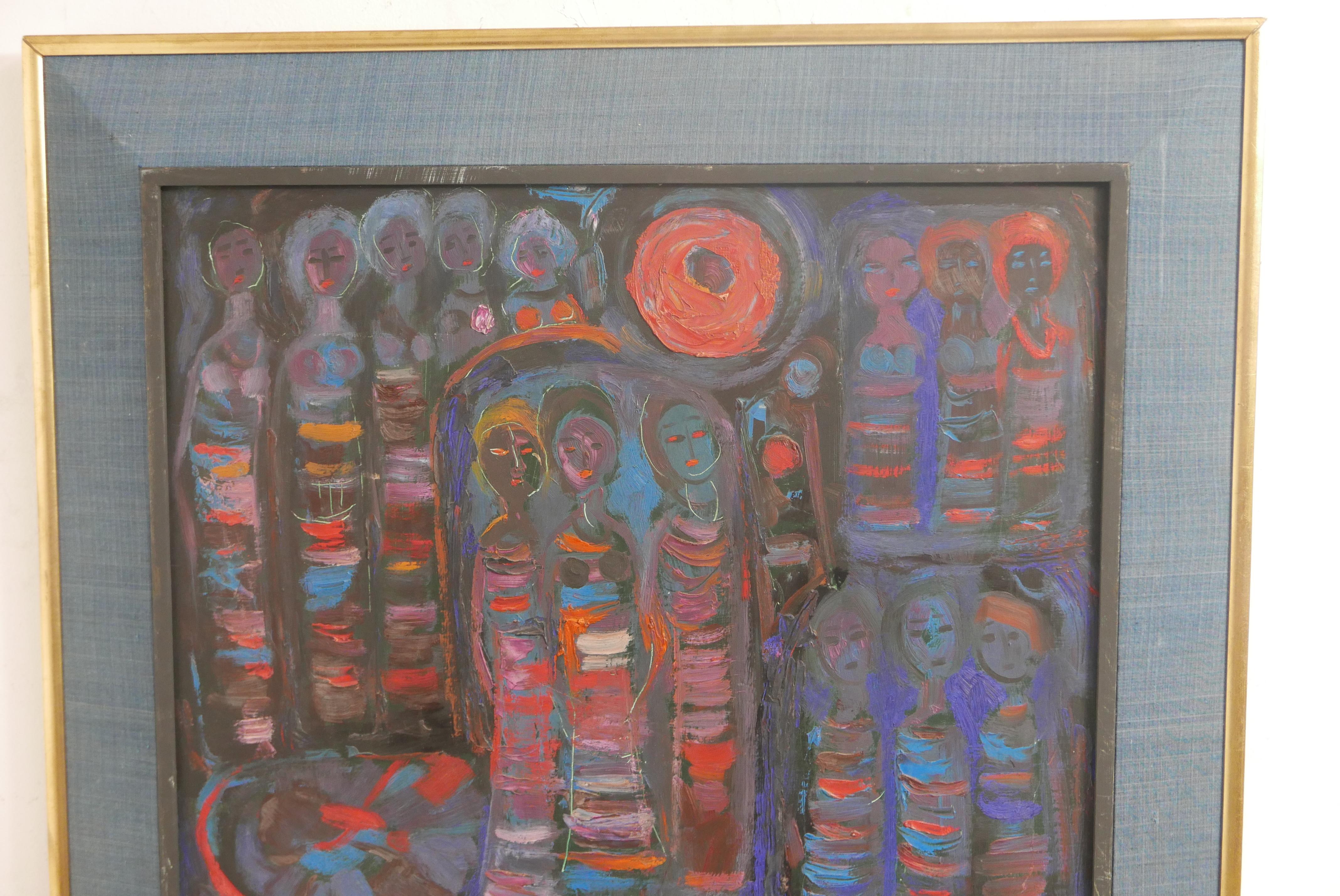 American Midcentury Abstract Modernist Painting with Figures For Sale 2