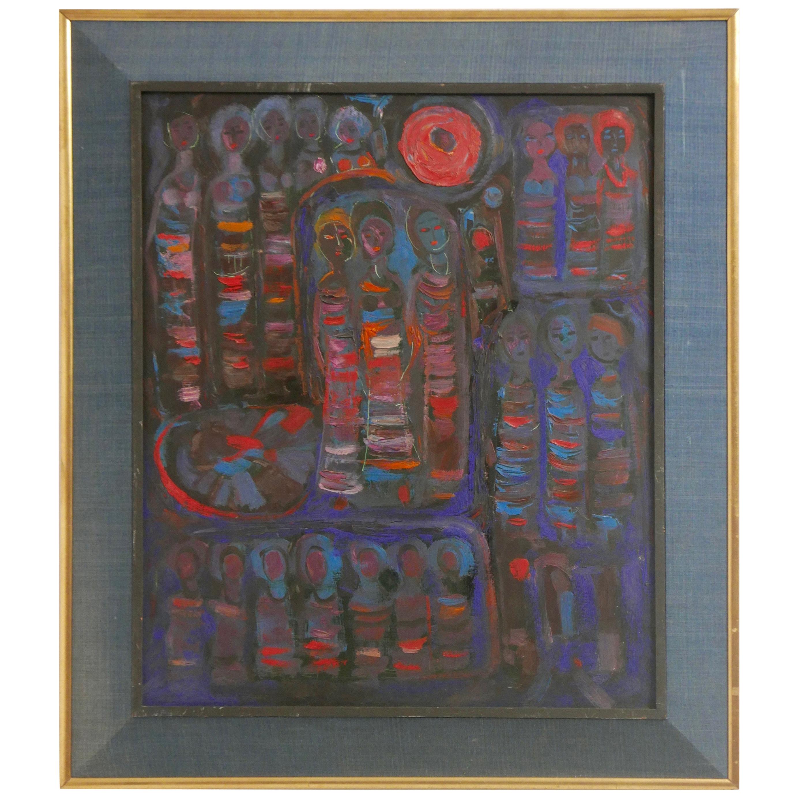 American Midcentury Abstract Modernist Painting with Figures For Sale