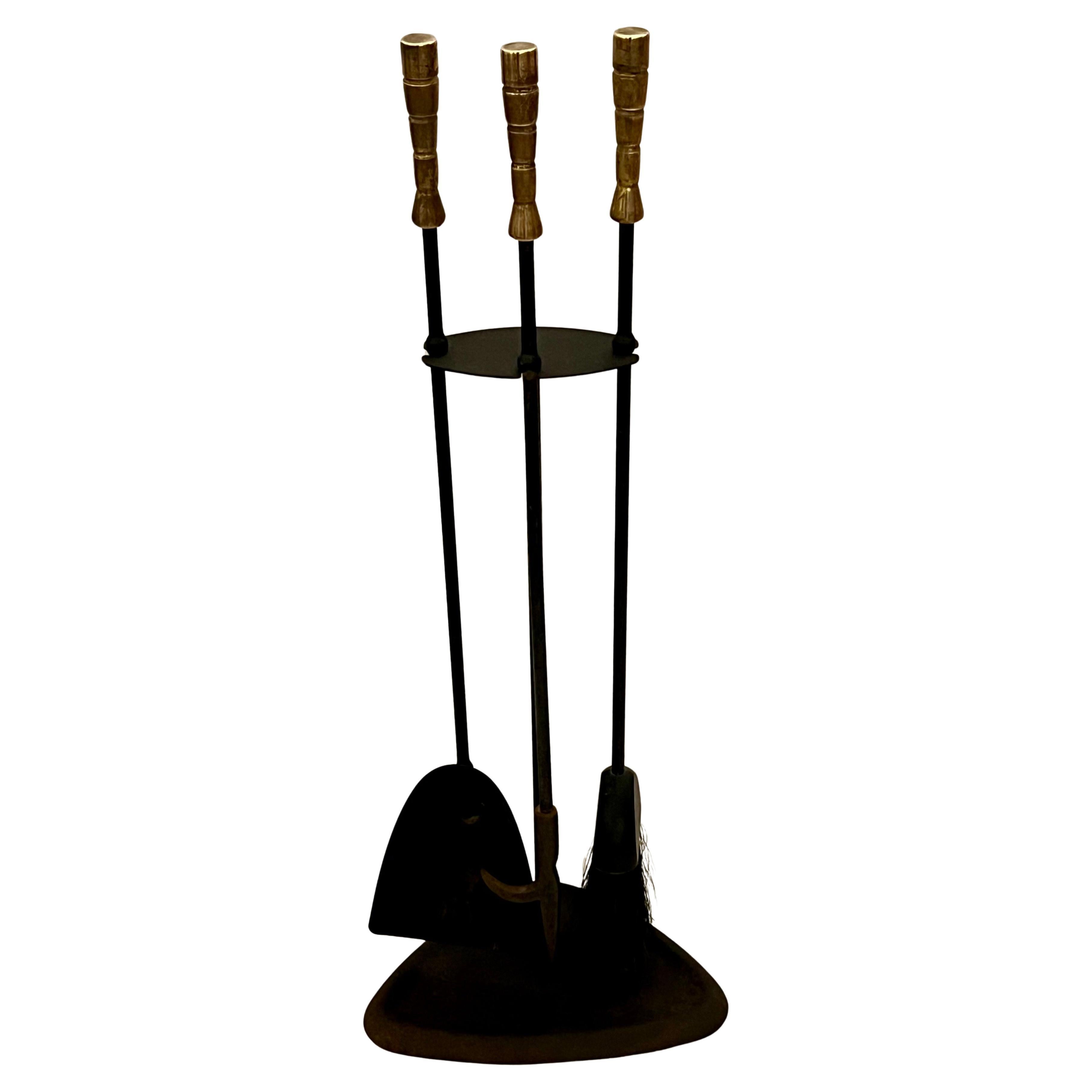 American Mid-Century Atomic Age Iron & Brass Fireplace Tools Set 1