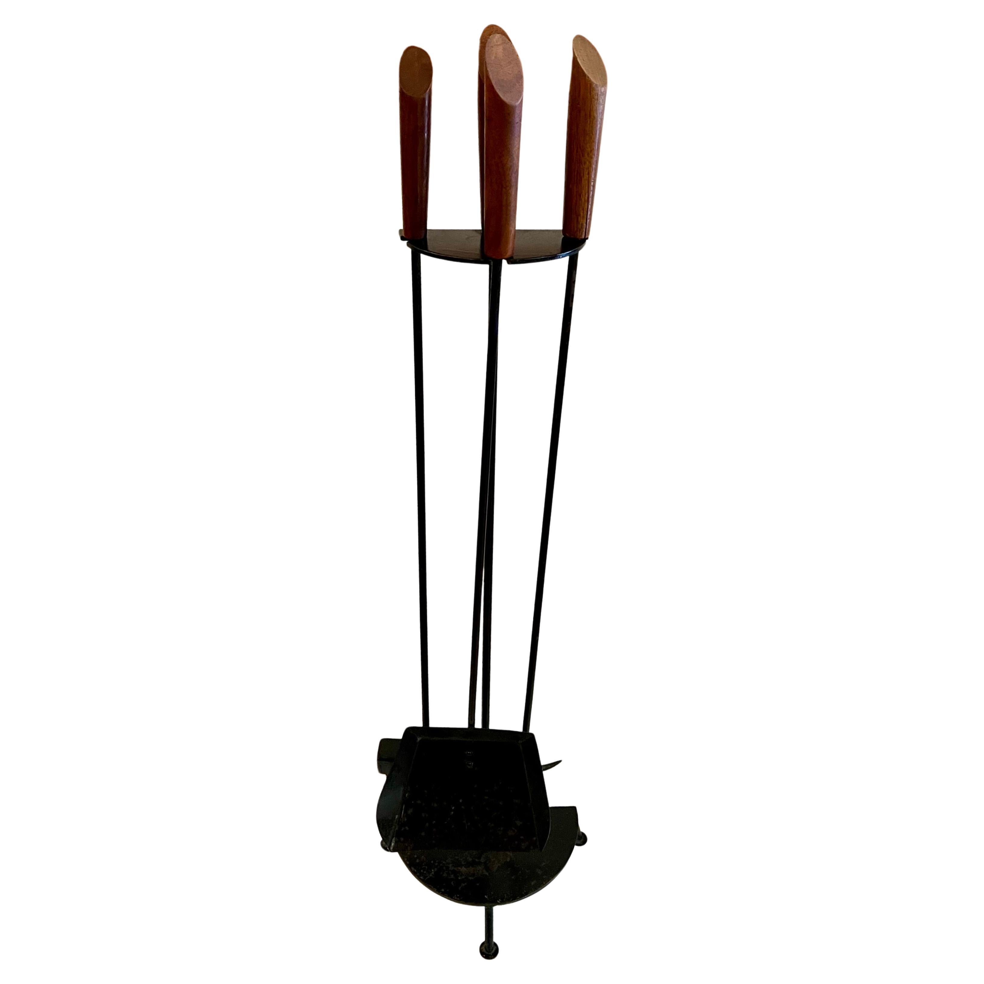 American Mid Century atomic Age Iron & Walnut Firetools Set