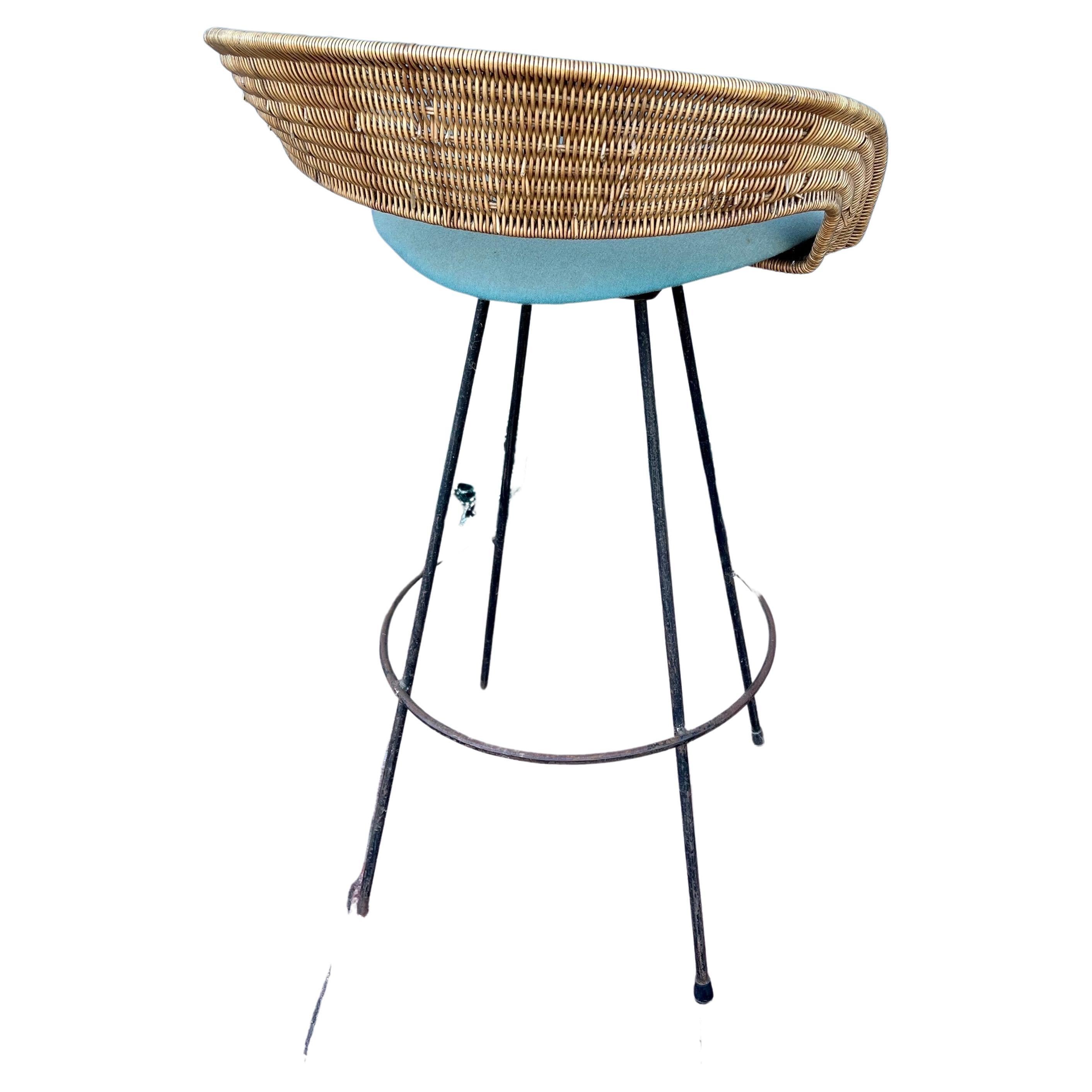 American Mid Century Atomic Age Iron & Wicker Barstool by Arthur Umanoff In Good Condition For Sale In San Diego, CA