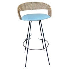 American Mid Century Atomic Age Iron & Wicker Barstool by Arthur Umanoff