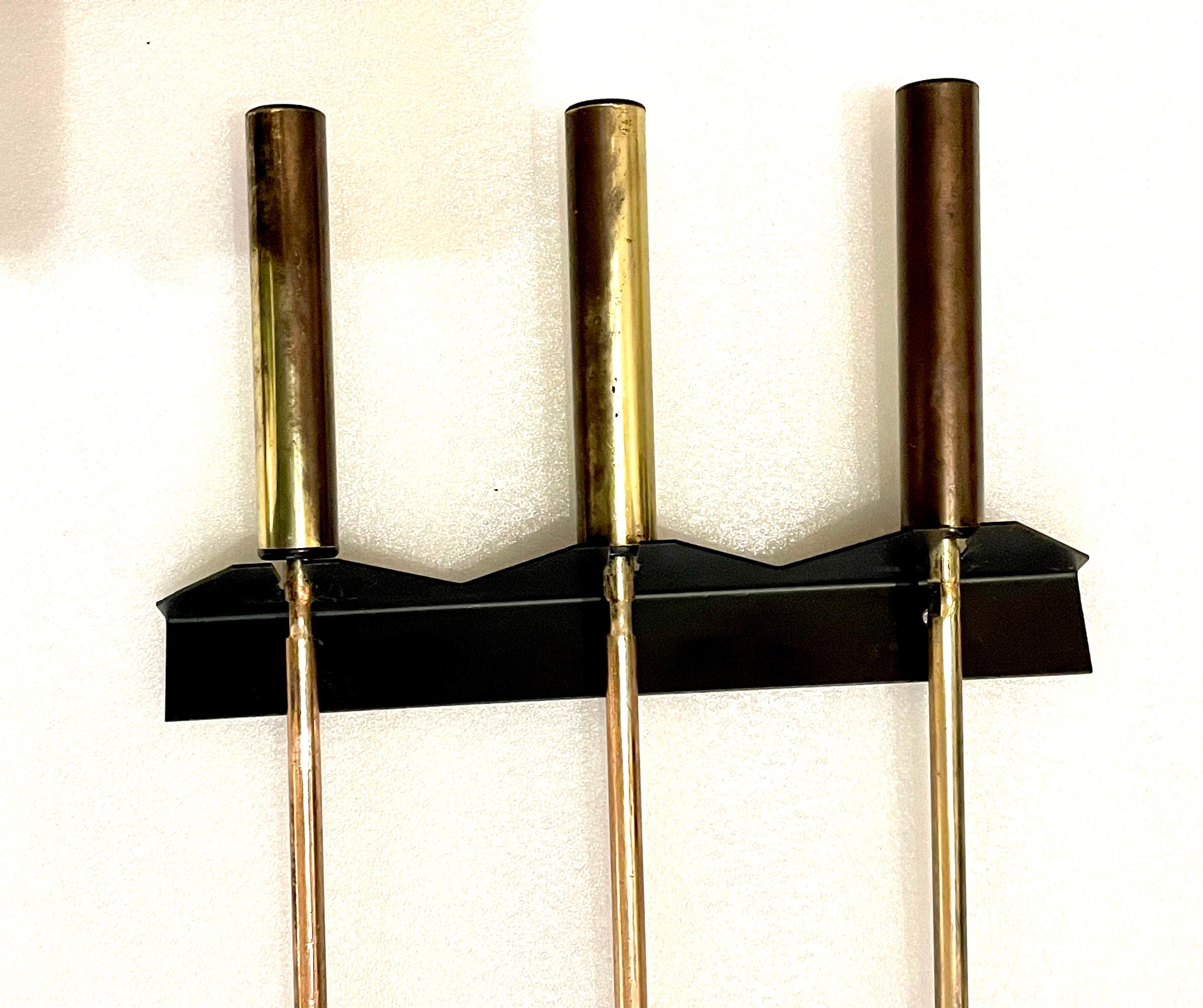 Mid-Century Modern American Mid Century Atomic Age Patinated Brass Wall Mounted Fireplace Tools Set For Sale