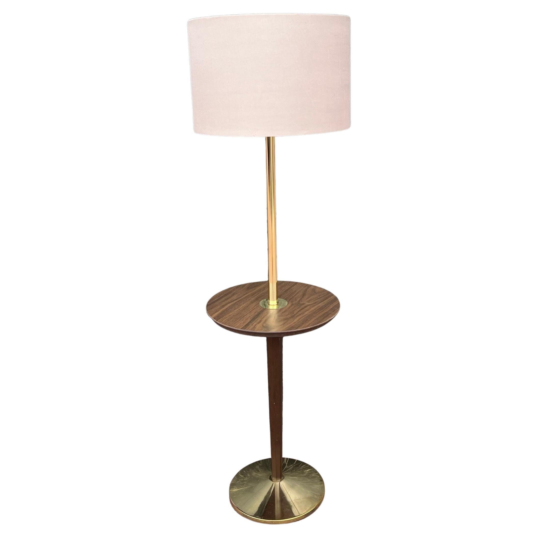 American Mid-Century atomic Age Walnut & Brass Laminate Floor Table Lamp For Sale