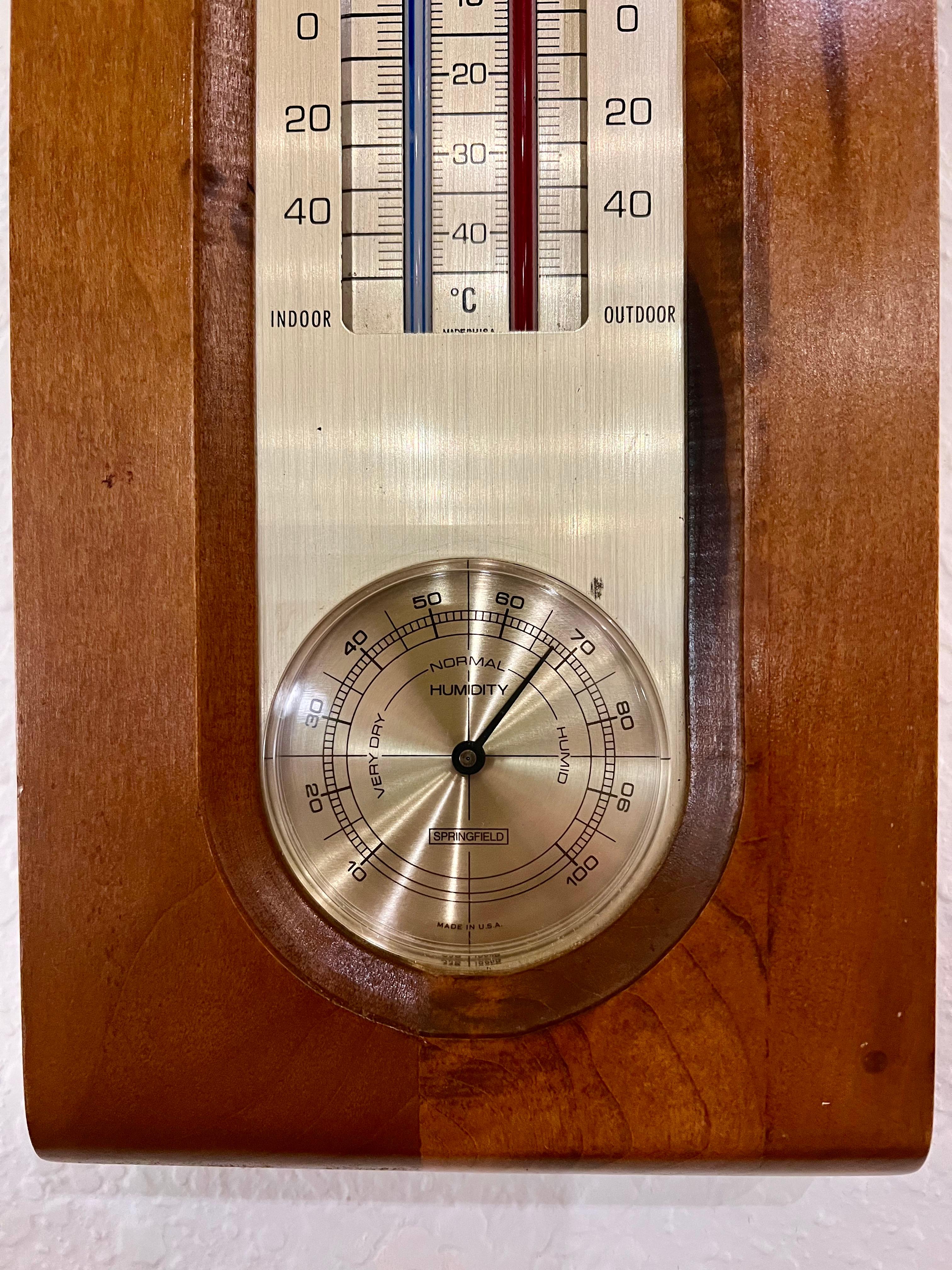 Mid-Century Modern American Mid Century Atomic Age Walnut & Brass Wall Thermometer & Baromether For Sale