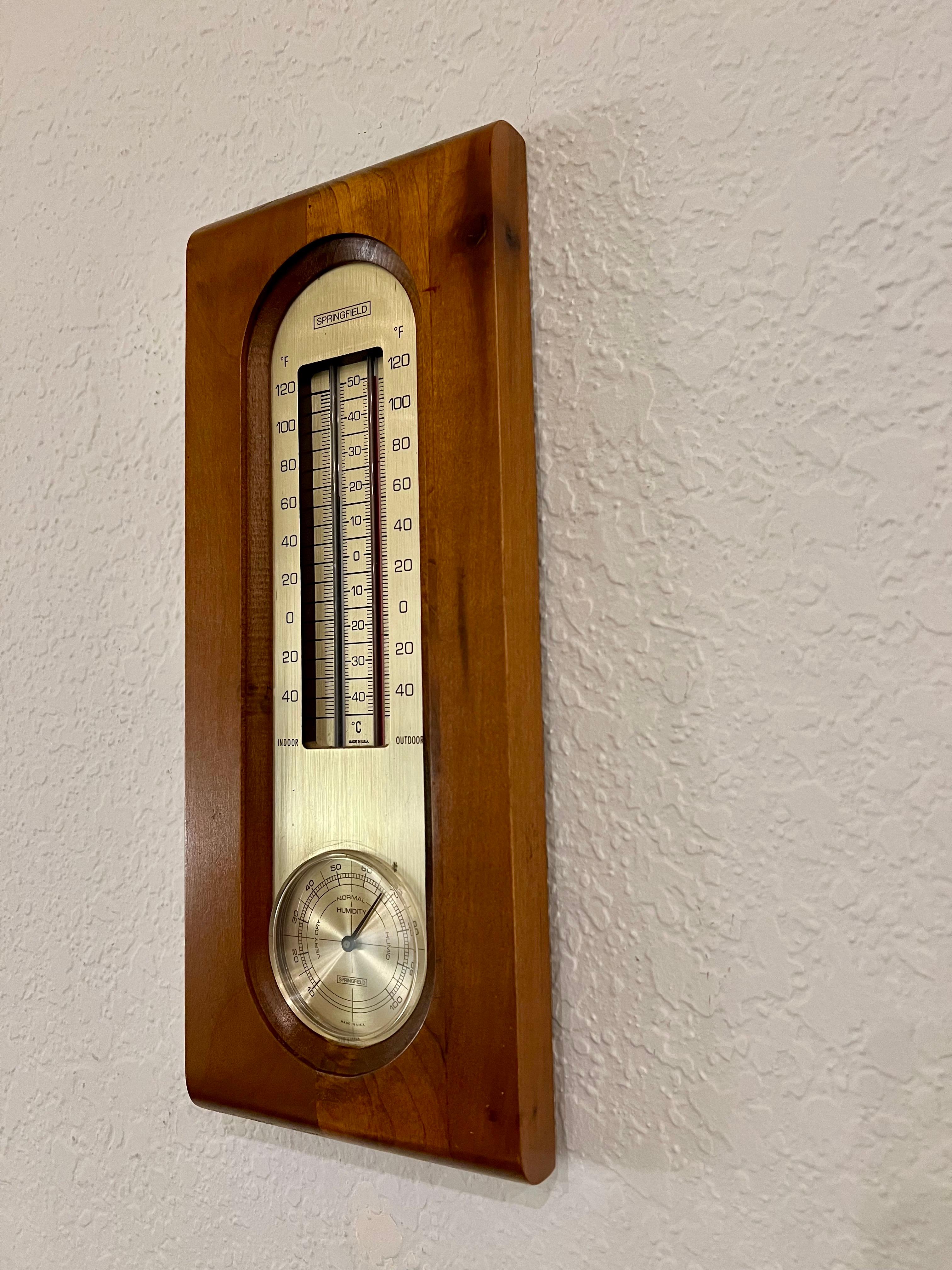 20th Century American Mid Century Atomic Age Walnut & Brass Wall Thermometer & Baromether For Sale