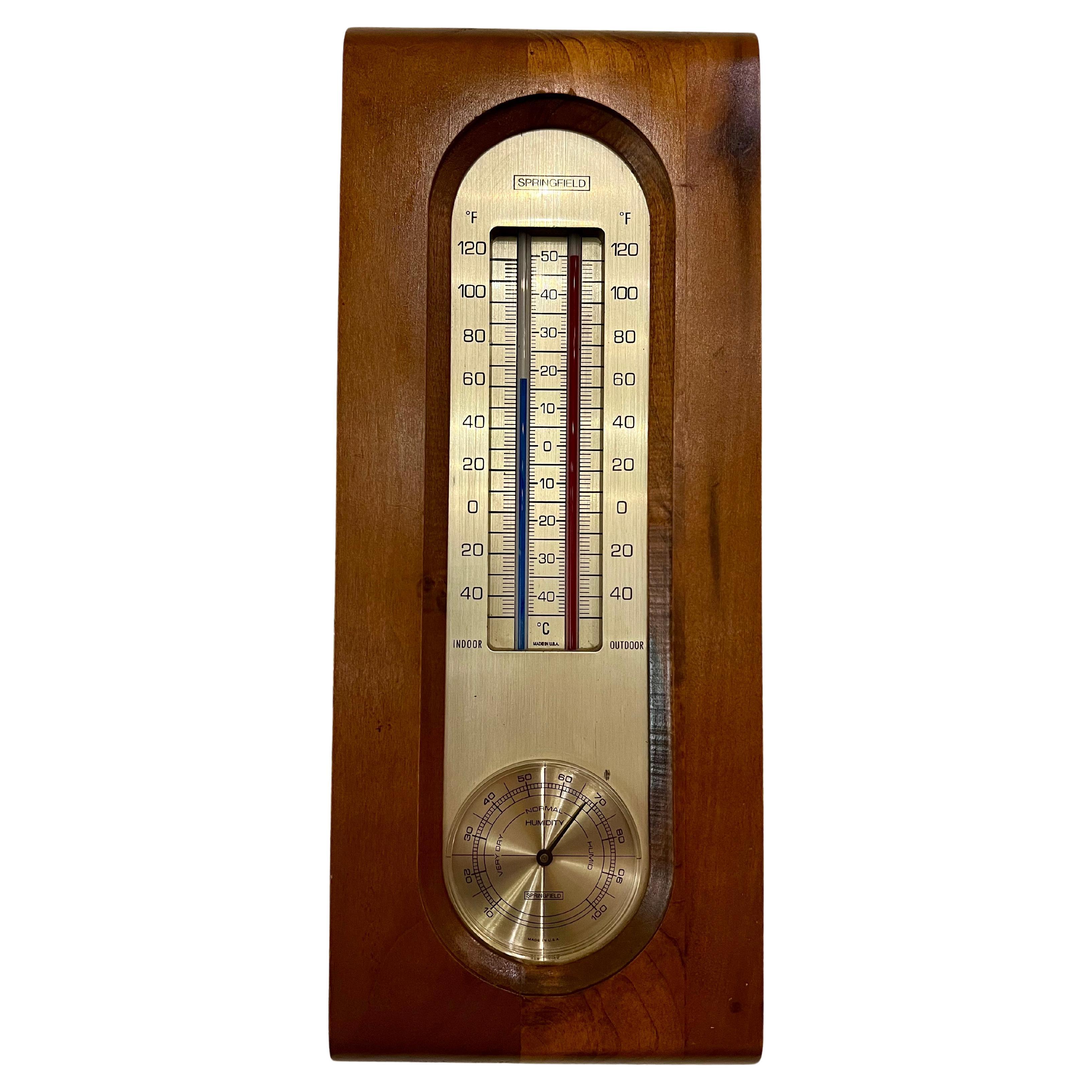 American Mid Century Atomic Age Walnut & Brass Wall Thermometer & Baromether For Sale