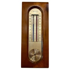 American Mid Century Atomic Age Walnut & Brass Wall Thermometer & Baromether