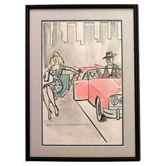 American Mid-Century black framed caricature watercolor of lady on seat in car