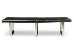 American Mid-Century Black Tufted Faux Leather Bench