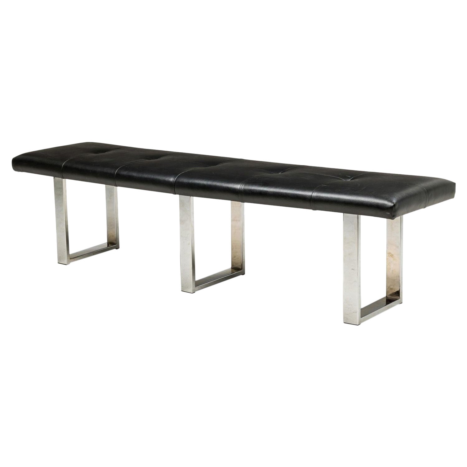 American Mid-Century Black Tufted Faux Leather Bench