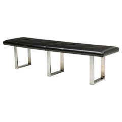 American Mid-Century Black Tufted Faux Leather Bench