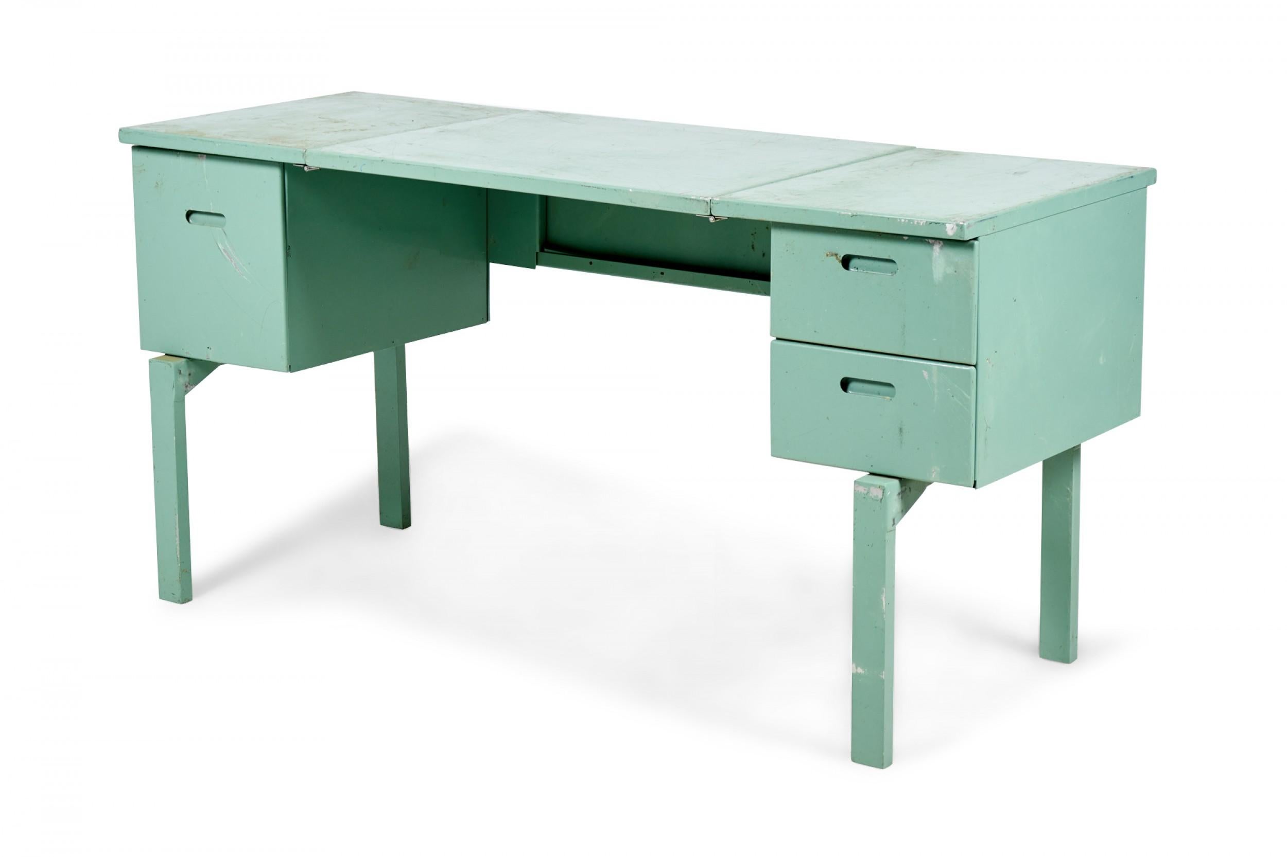 American Mid-Century folding aluminum Army desk with a robin's egg blue finish and two drawer sections on either side that fold inward for ease of transport.