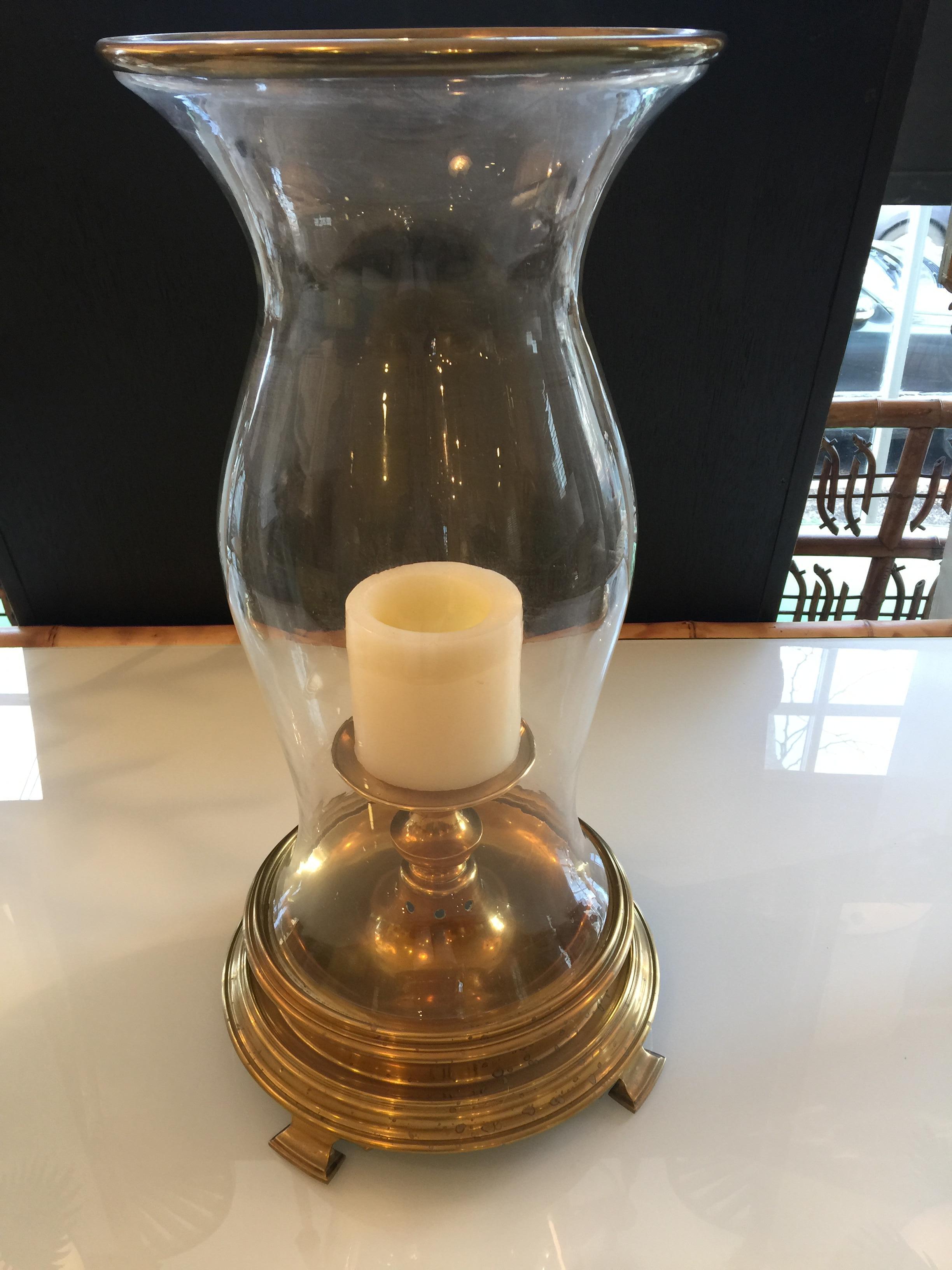 American midcentury brass and glass hurricane candle lantern.