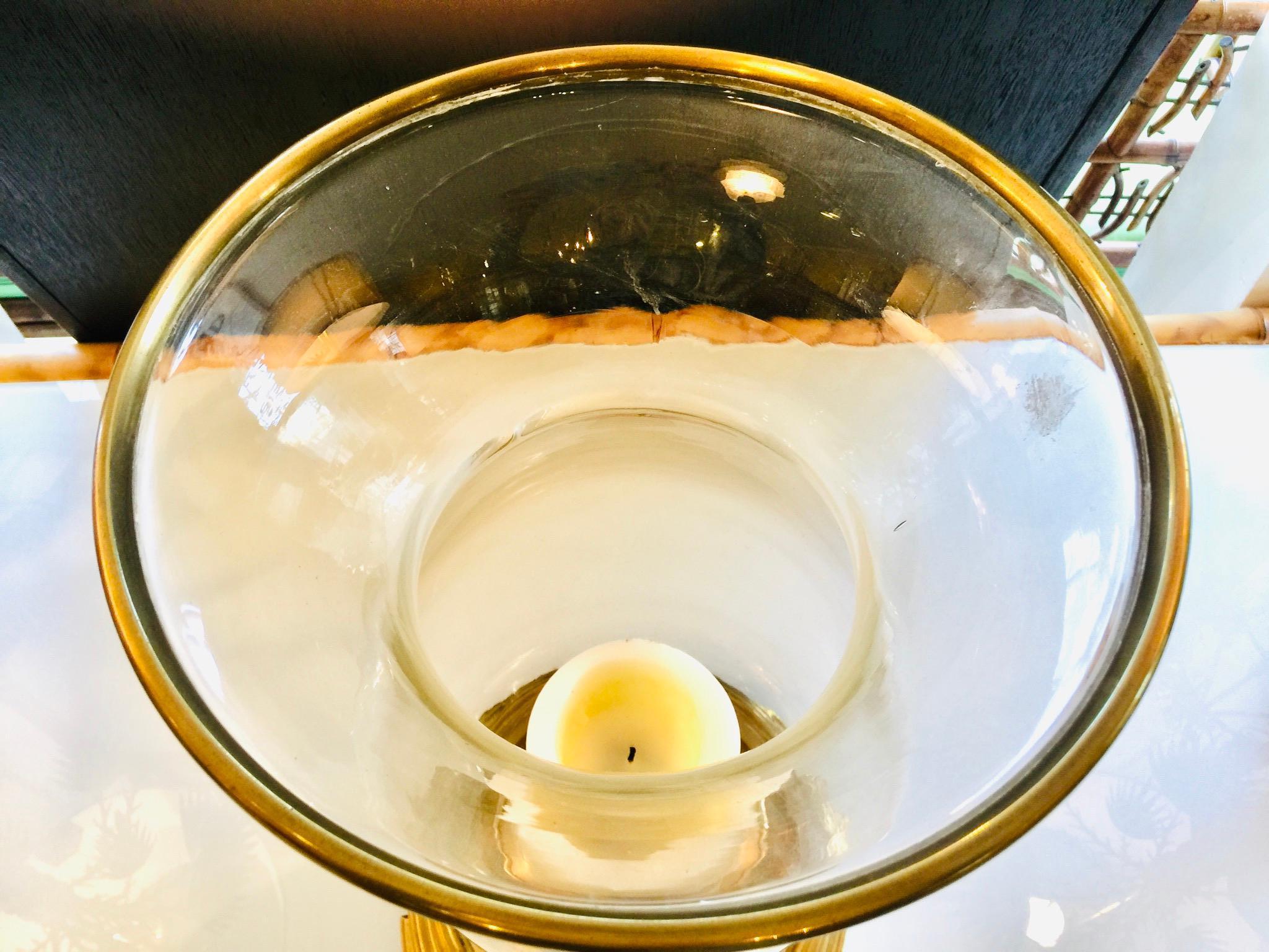 Regency Revival American Midcentury Brass and Glass Hurricane Candleholder