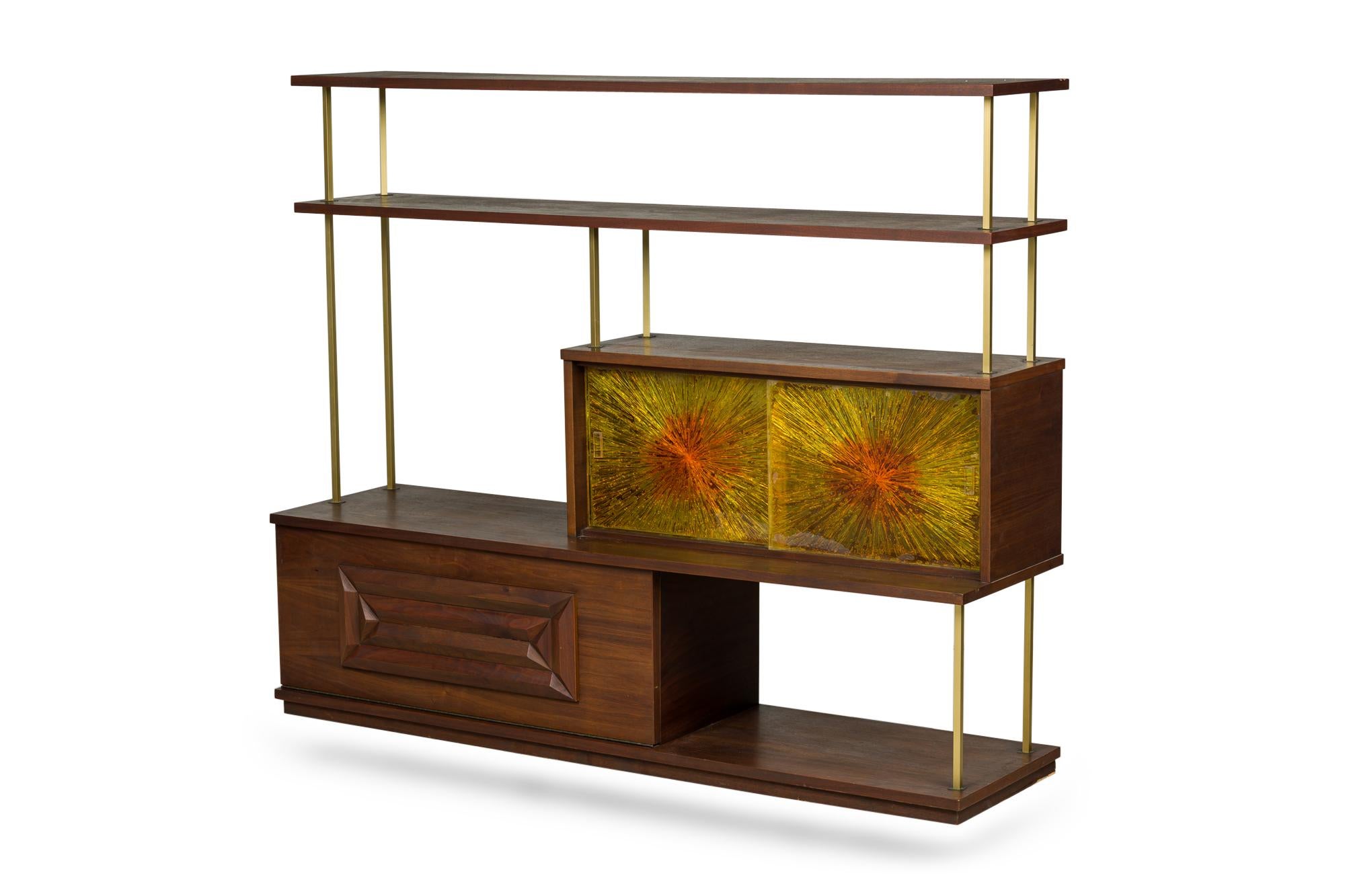 American Mid-Century brass and walnut etegere / display cabinet with 2 top shelves over a 2-sliding textured glass door cabinet above an adjacent solid cabinet with a drop-down front door (possiblly McCobb)
