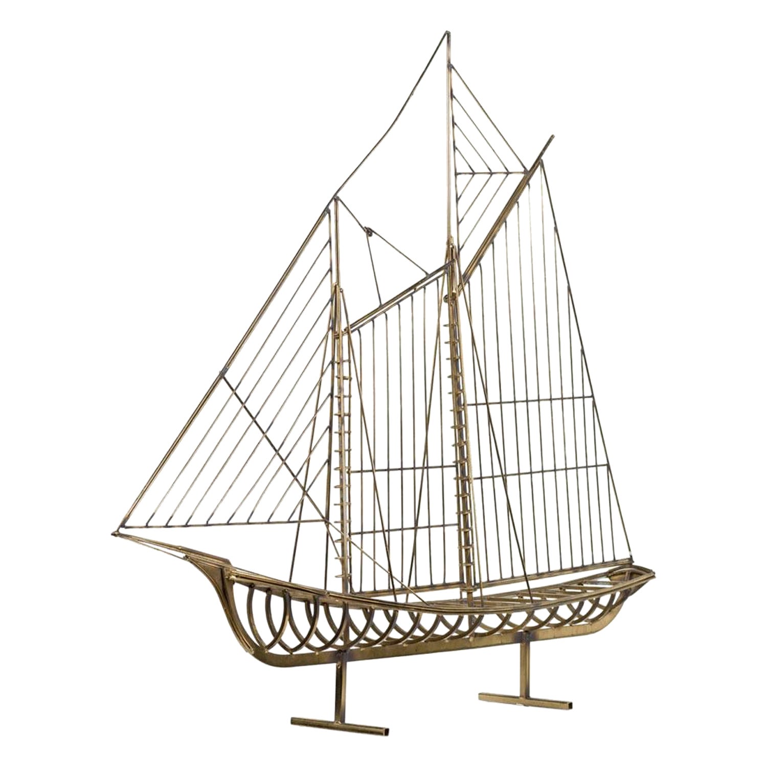 American Mid-Century Brass Model Of Ship By Curtis Jere