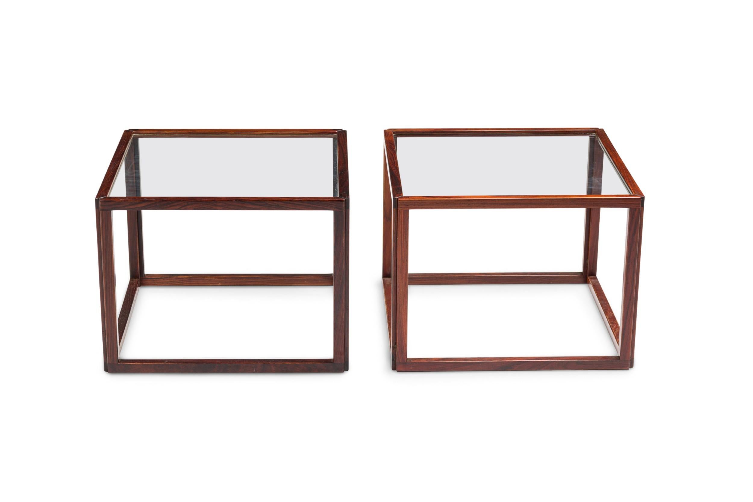 PAIR of American Mid-Century Brazilian Rosewood Open Frame Cube Occasional / low end Tables with glass tops (PRICED AS PAIR)
