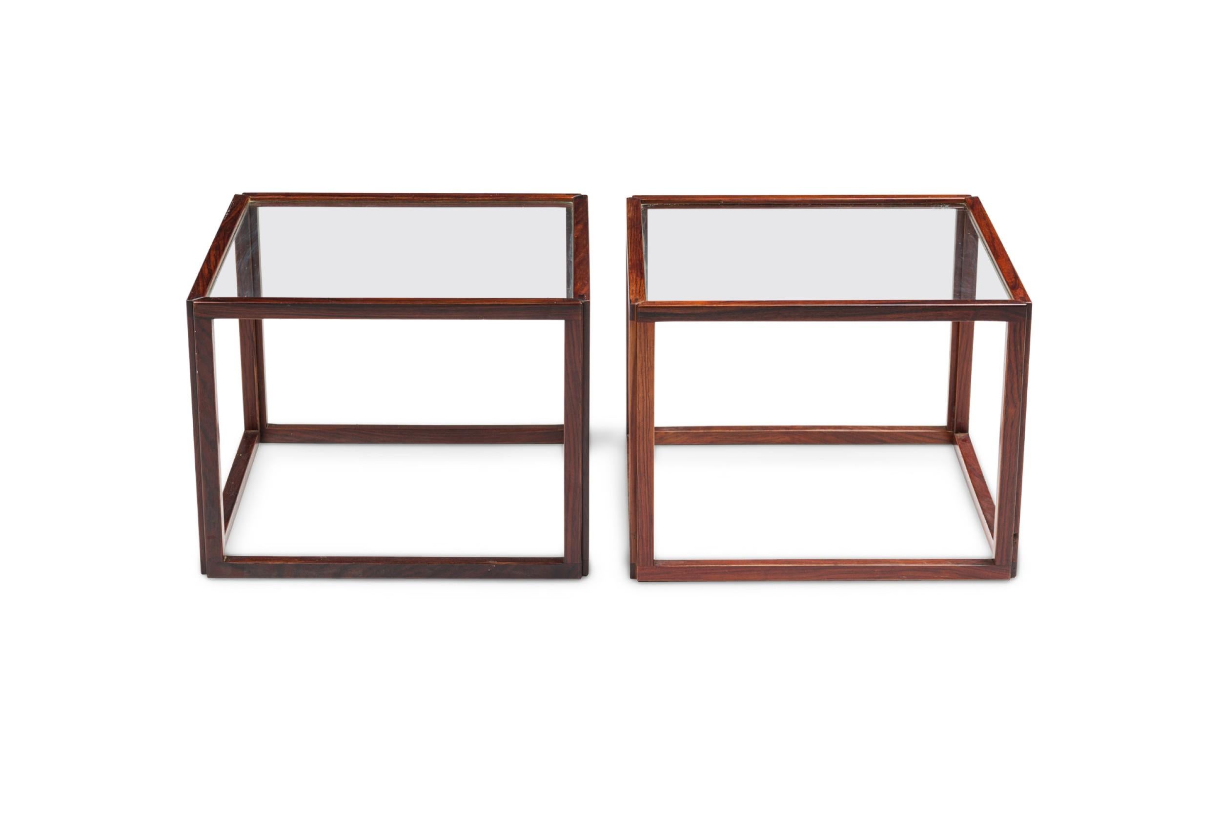 Hand-Crafted American Mid-Century Brazilian Rosewood Open Frame Cube Occasional Tables For Sale