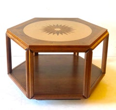 American Midcentury Brown Saltman Hexagonal End Table with Sunburst Inlay