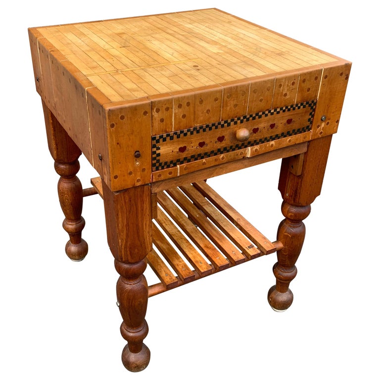 American Midcentury Butchers Block Table with a Drawer and Heart