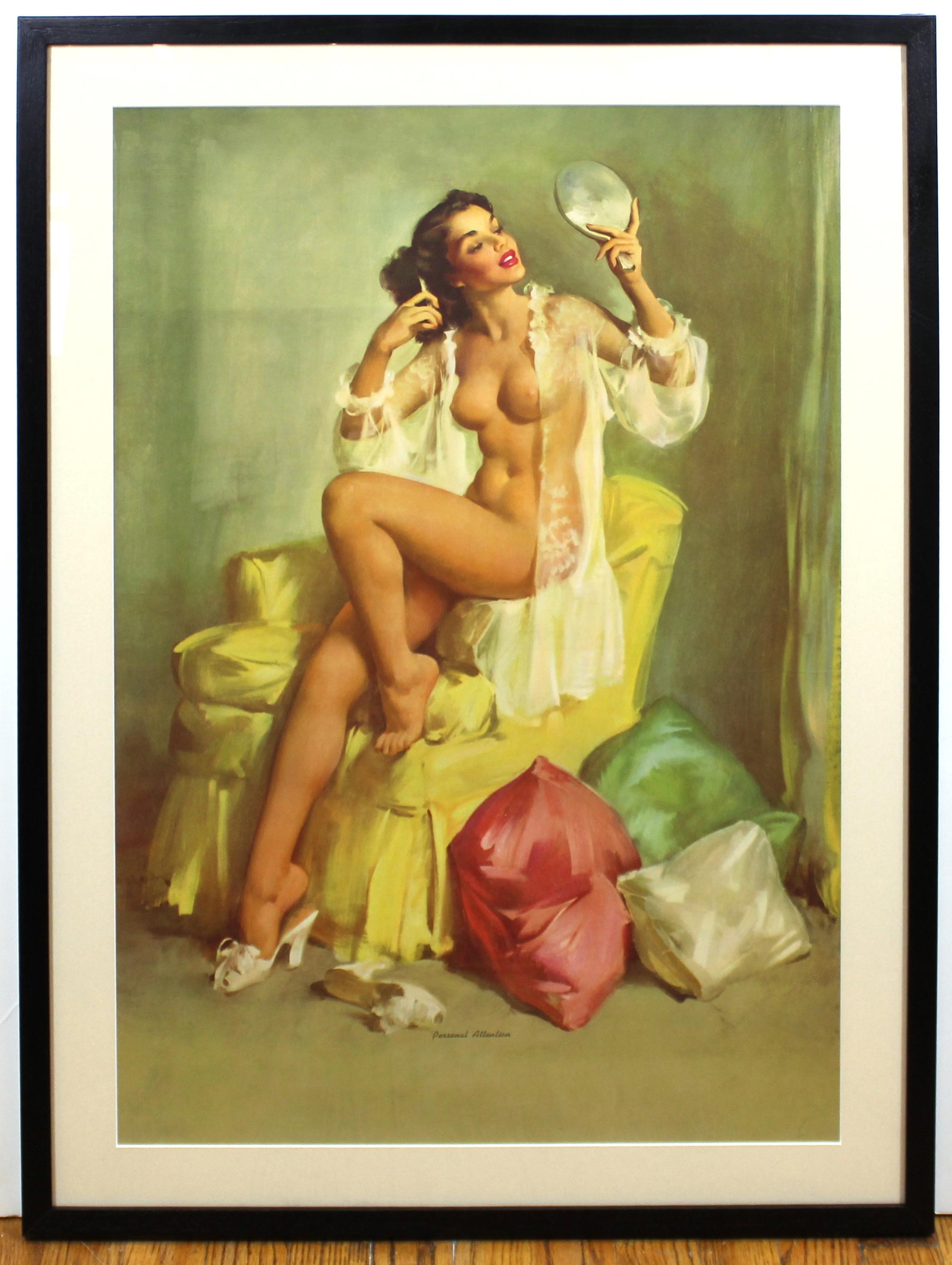 Amerikanische 1940er Jahre Satz von vier gerahmten original Vintage Pin-up-Kalender Mädchen Drucke. Eine ist mit Gil Elvgren signiert, eine ist mit Sundblom (Haddon (Sunny) Hubbard Sundblom) signiert und zwei sind unsigniert. Die Titel lauten 