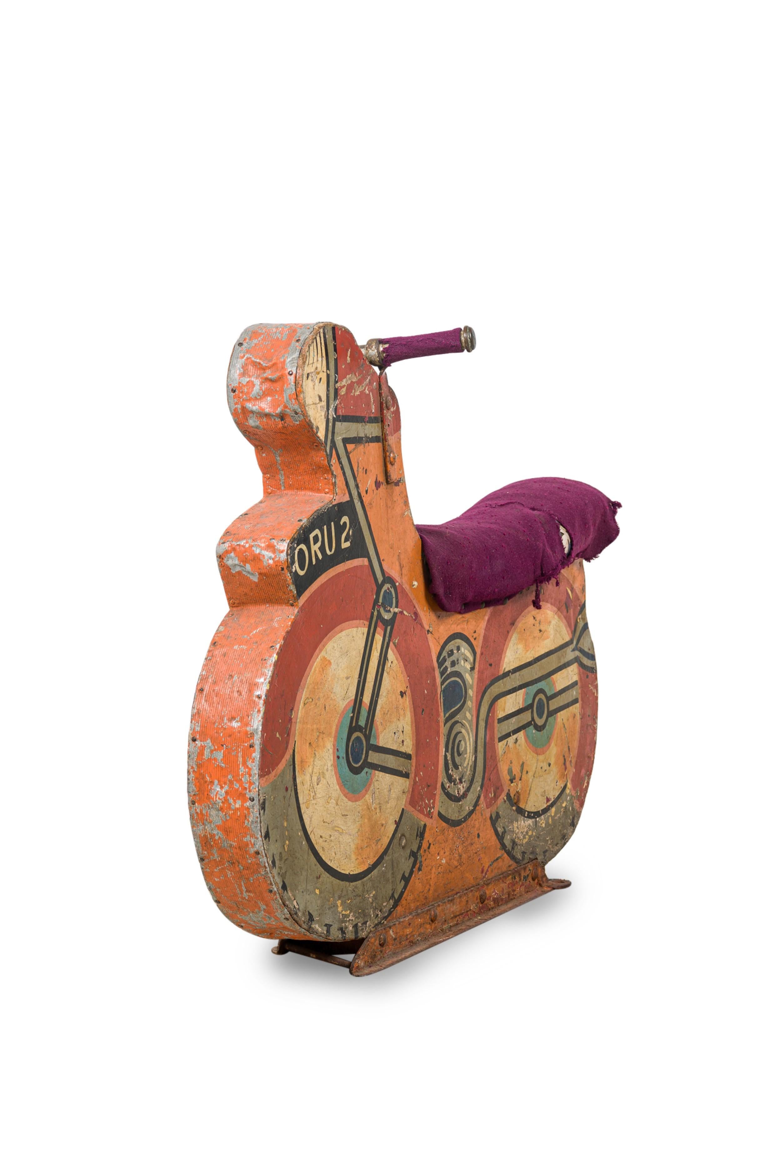 American Mid-Century Carousel hand painted motorcycle design with purple upholstered seat and handles bars

