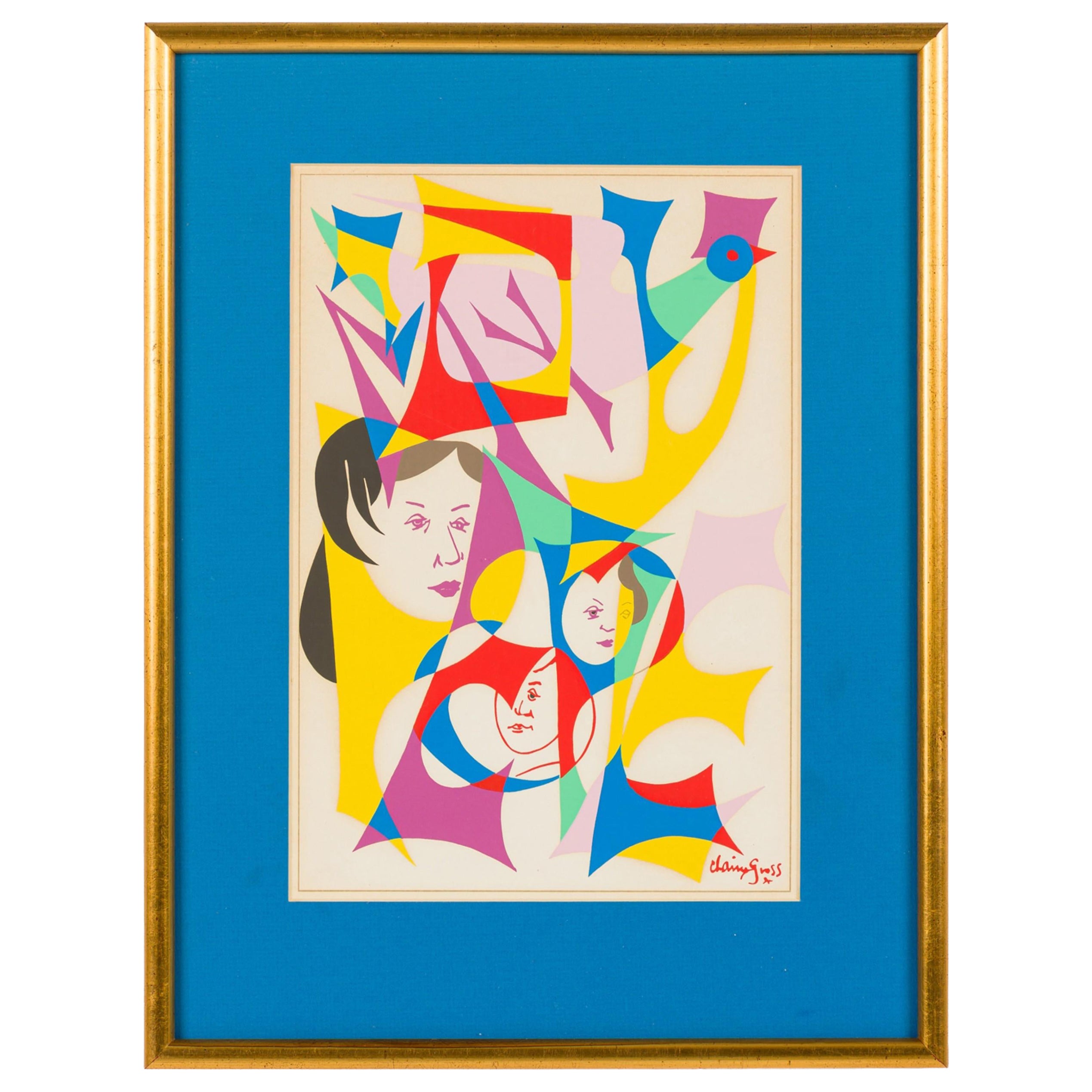 American Mid-Century Chaim Gross Multicolored Collage with Faces