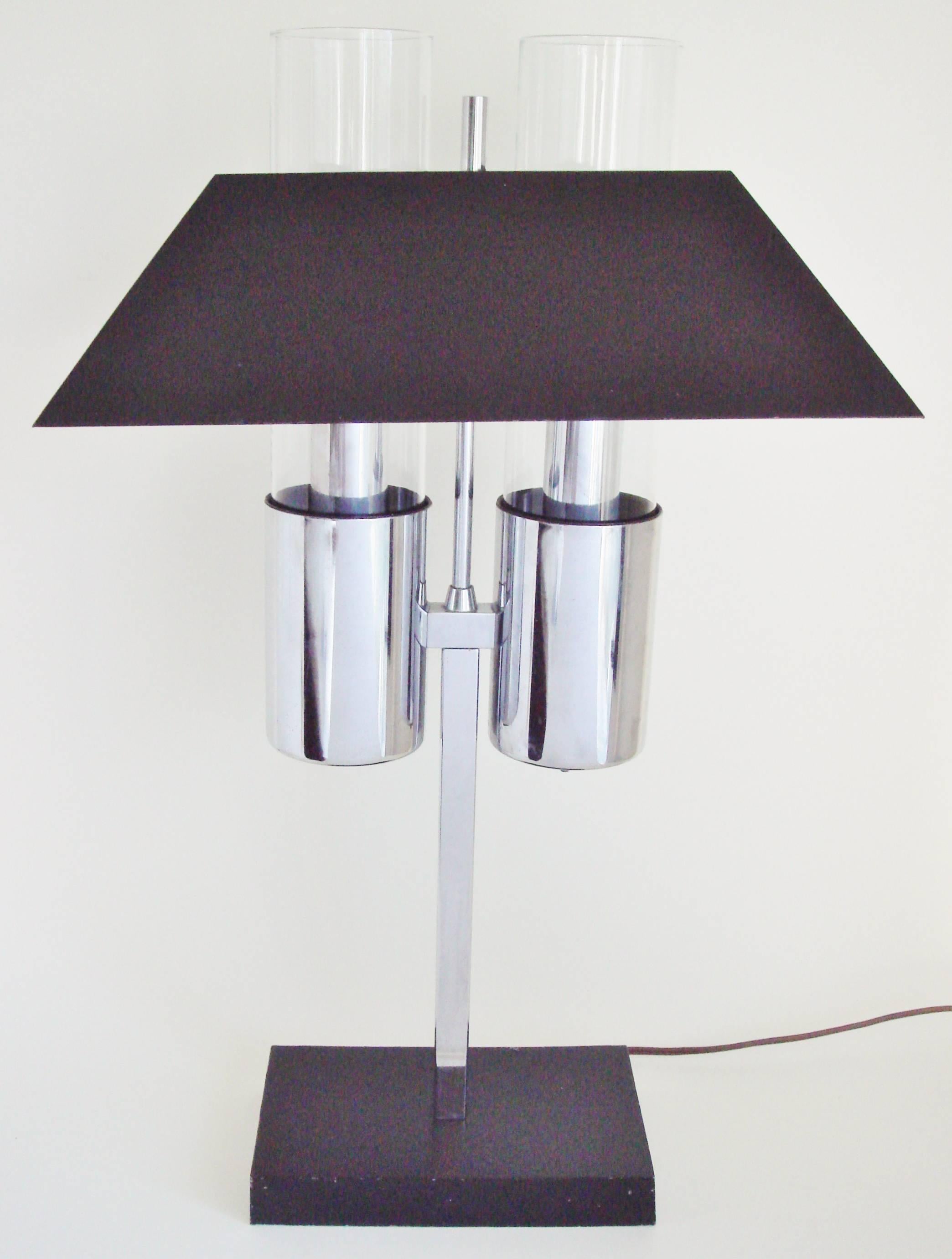 Mid-Century Modern American Midcentury Chrome and Black Enamel, Twin Bulb Banker's Lamp by Raymor For Sale