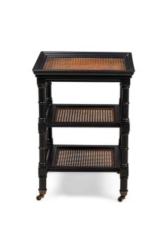 American Mid-Century Ebonized and Cane Three Tier Table