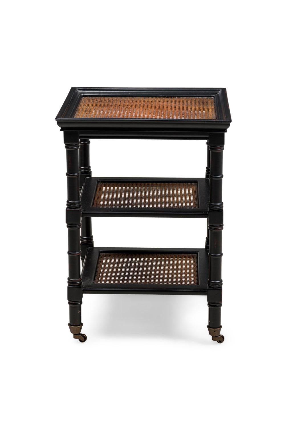 Mid-Century Modern American Mid-Century Ebonized and Cane Three Tier Table en vente