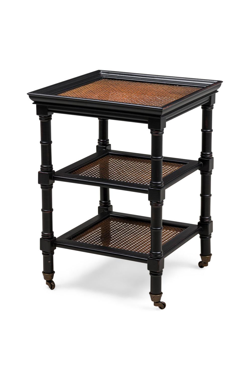 Américain American Mid-Century Ebonized and Cane Three Tier Table en vente
