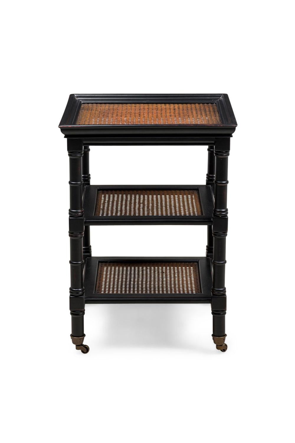 Moulage American Mid-Century Ebonized and Cane Three Tier Table en vente