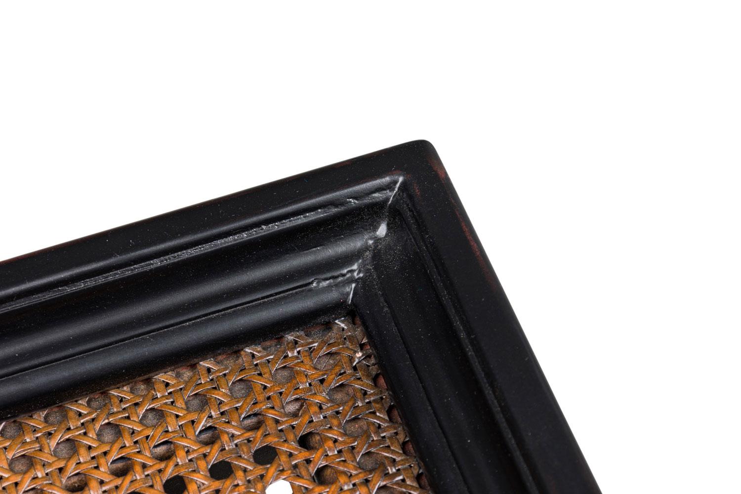 Laiton American Mid-Century Ebonized and Cane Three Tier Table en vente