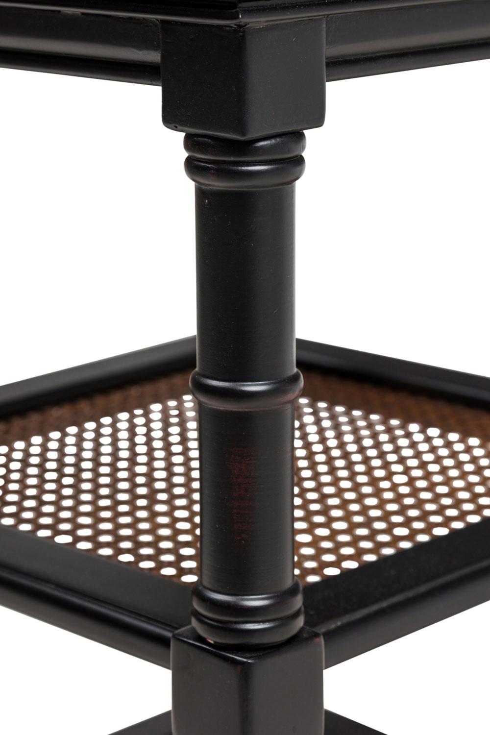 American Mid-Century Ebonized and Cane Three Tier Table en vente 1