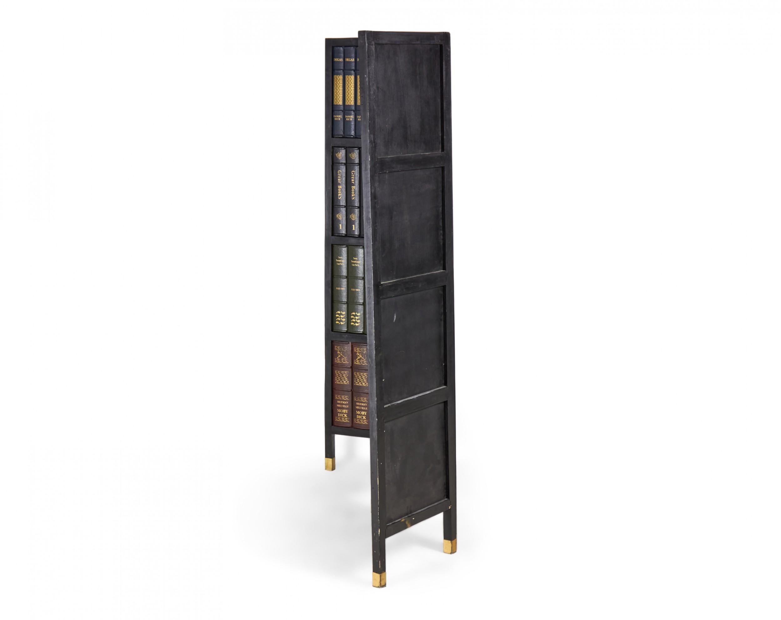 American Mid-Century 3-fold 4 panel screen with a faux-bookshelf carved design depicting collections from classic literature on each panel in various shades of red, brown, and green within a black painted wooden frame and connected with brass