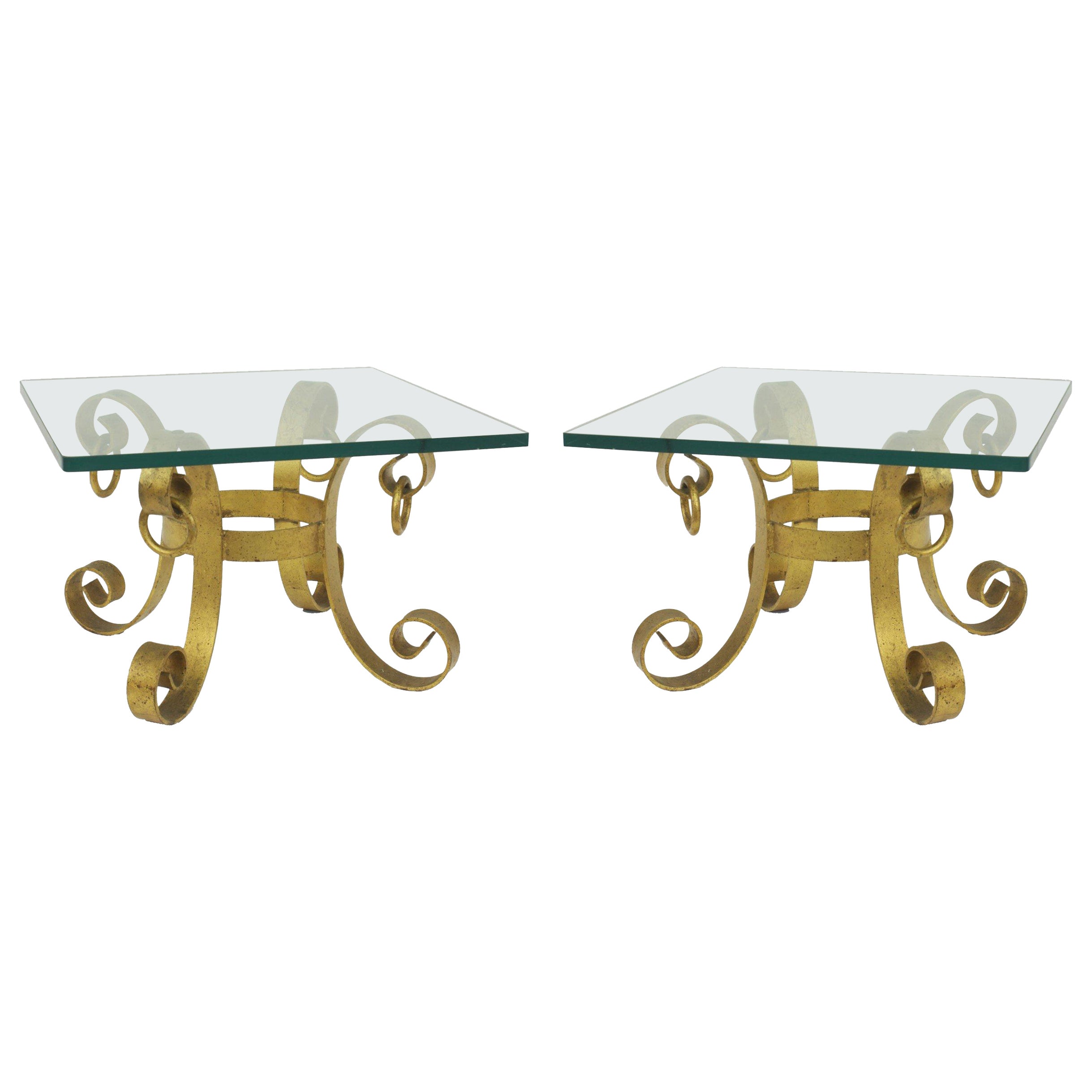American Mid-Century Gilt Iron and Glass Side Tables