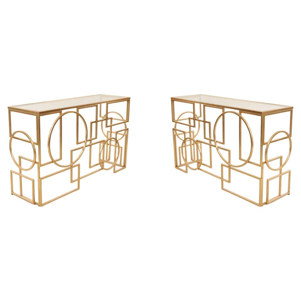 American Mid-Century Gilt Metal and Glass Geometric Console Table For ...
