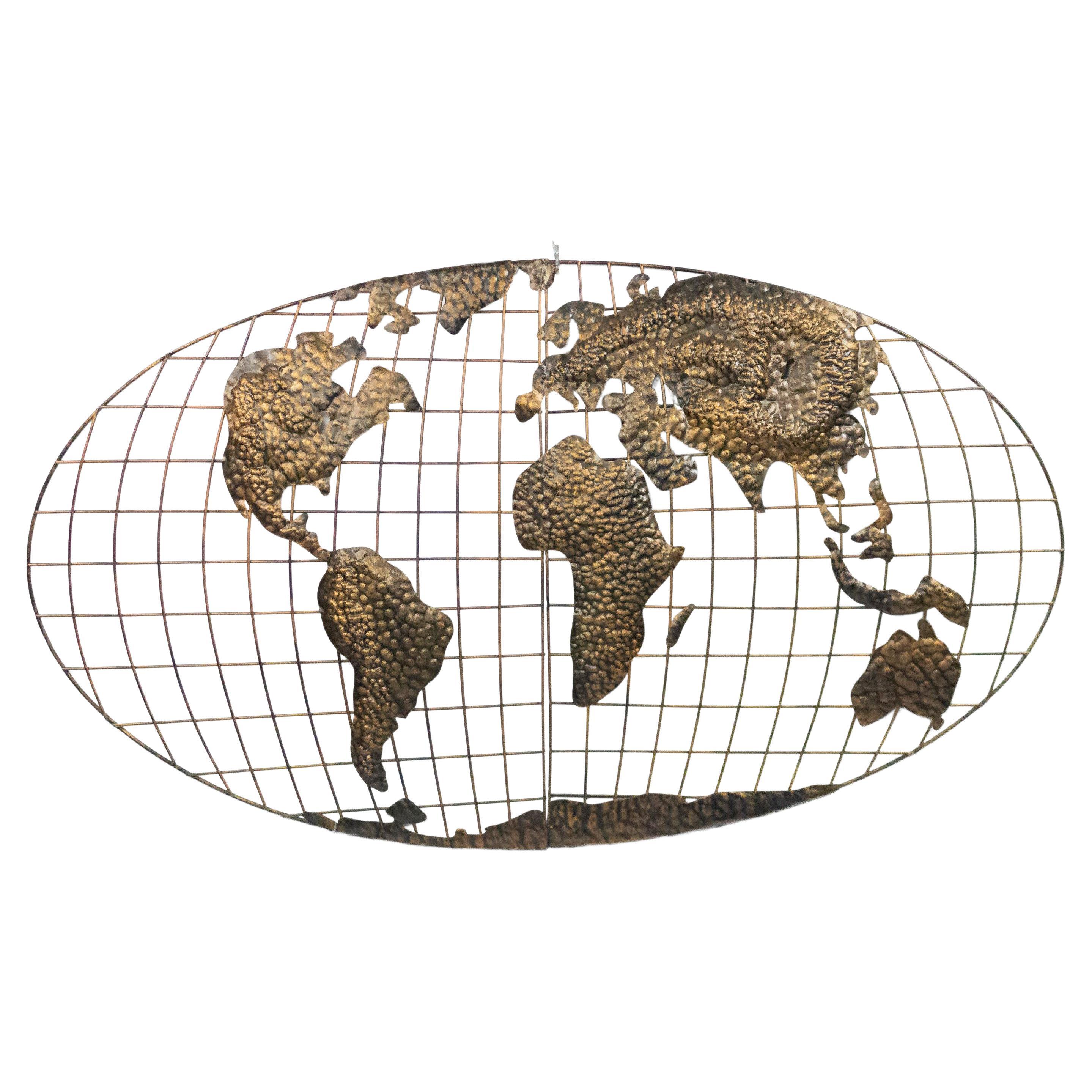 American Mid-Century Gold World Map Plaque For Sale
