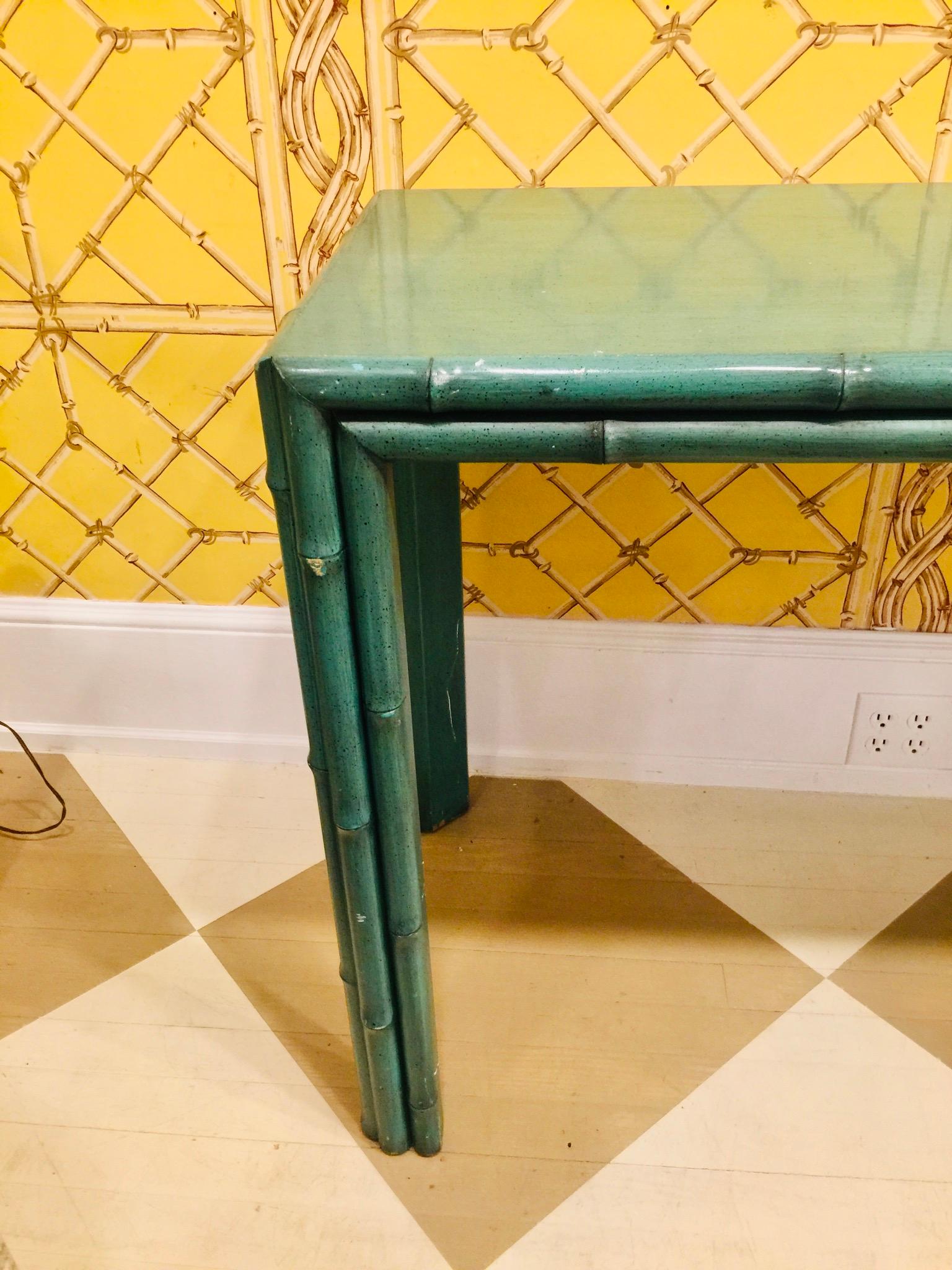 Hollywood Regency American Midcentury Green Painted Bamboo Style Console, circa 1960-1970 For Sale