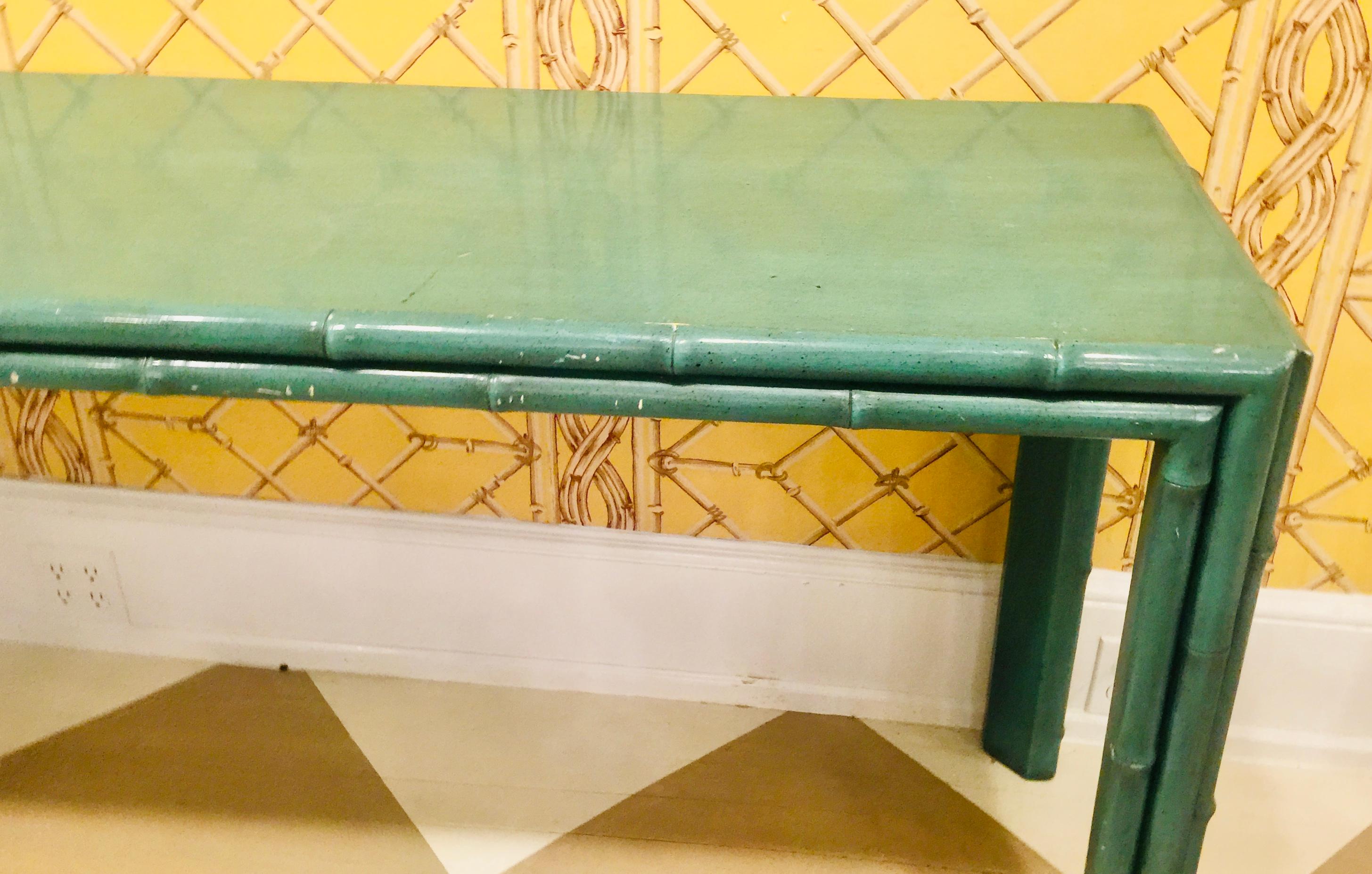 American Midcentury Green Painted Bamboo Style Console, circa 1960-1970 In Good Condition For Sale In Southampton, NY
