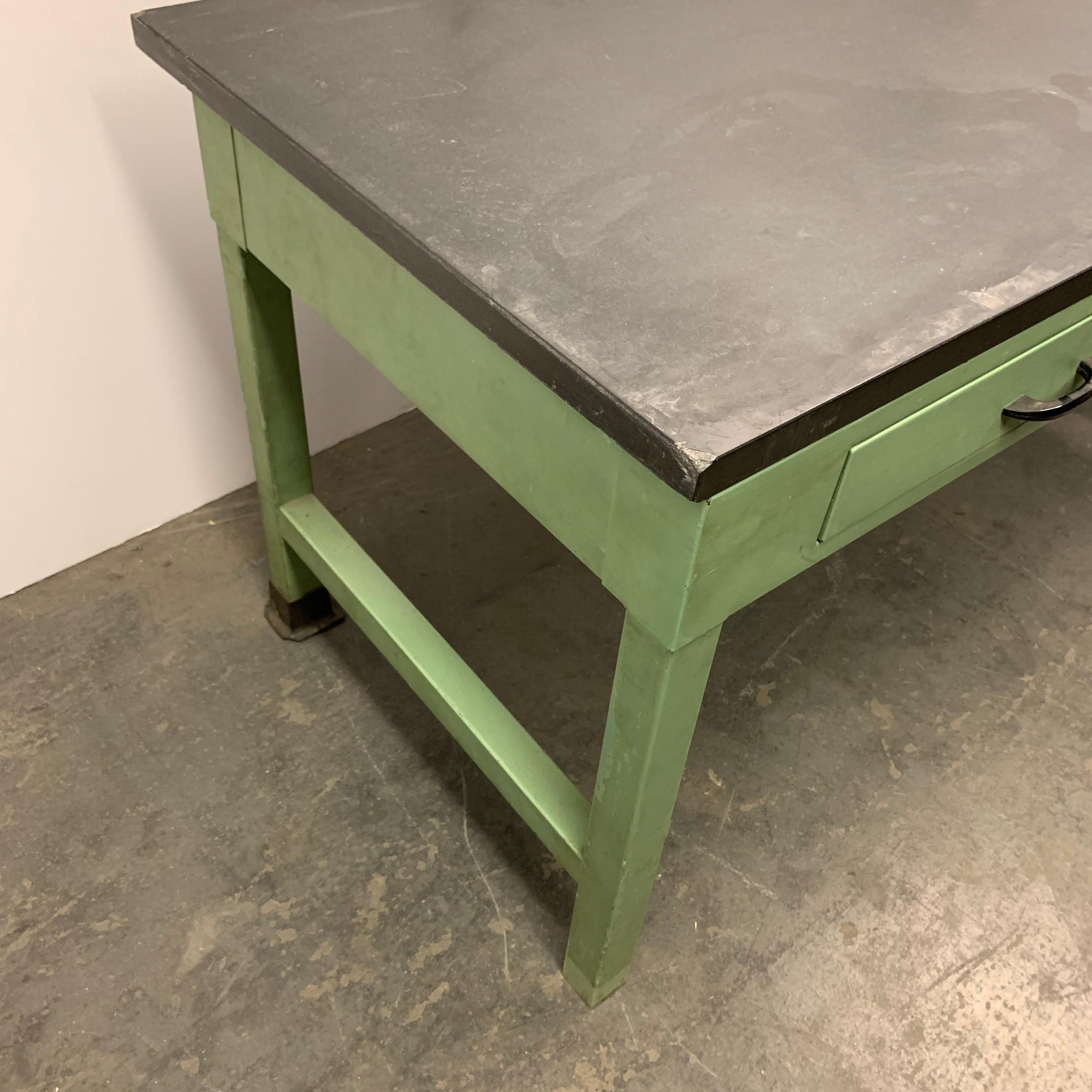 American Mid Century Green Painted Industrial Black Slate Top Two-Drawer Desk 7