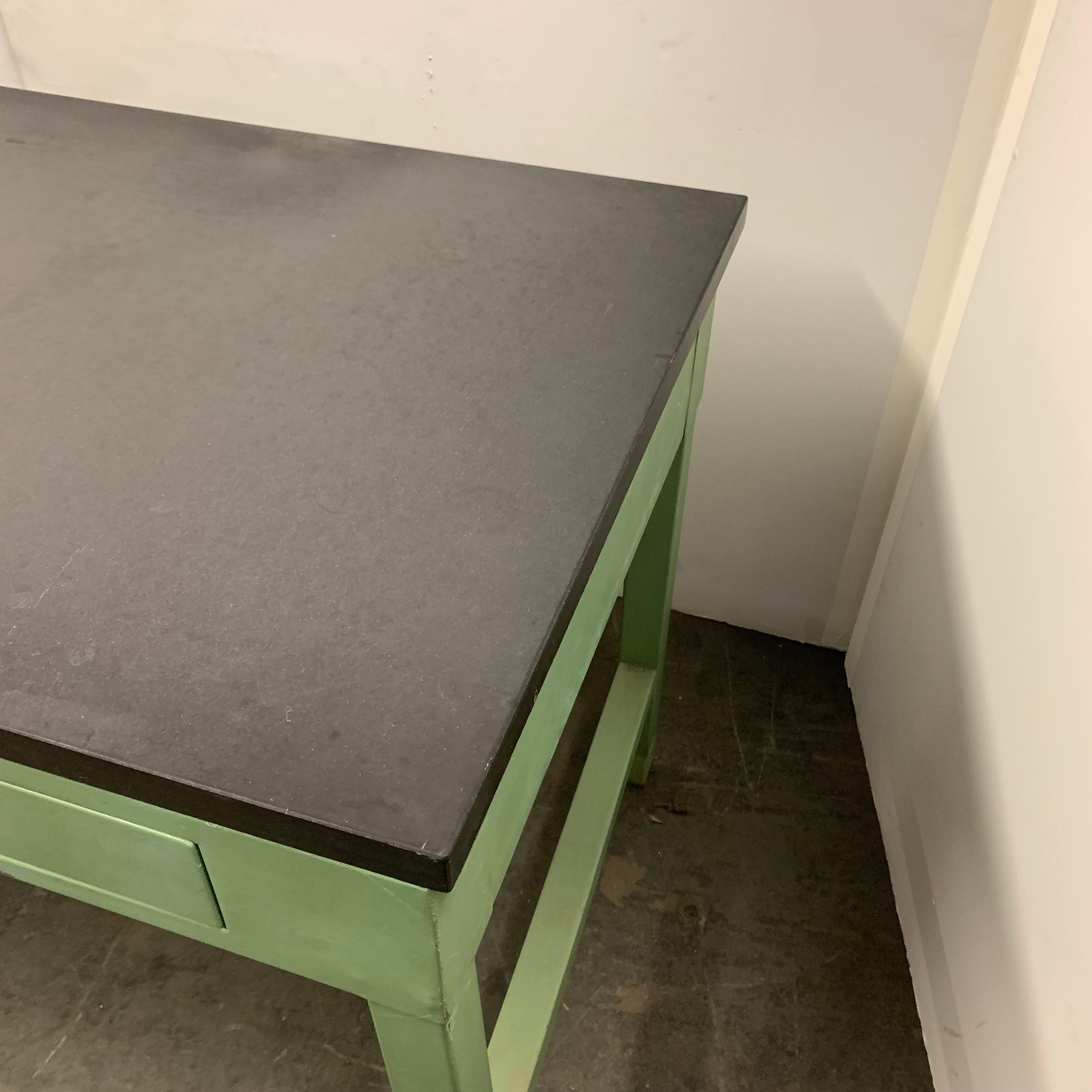 American Mid Century Green Painted Industrial Black Slate Top Two-Drawer Desk 9