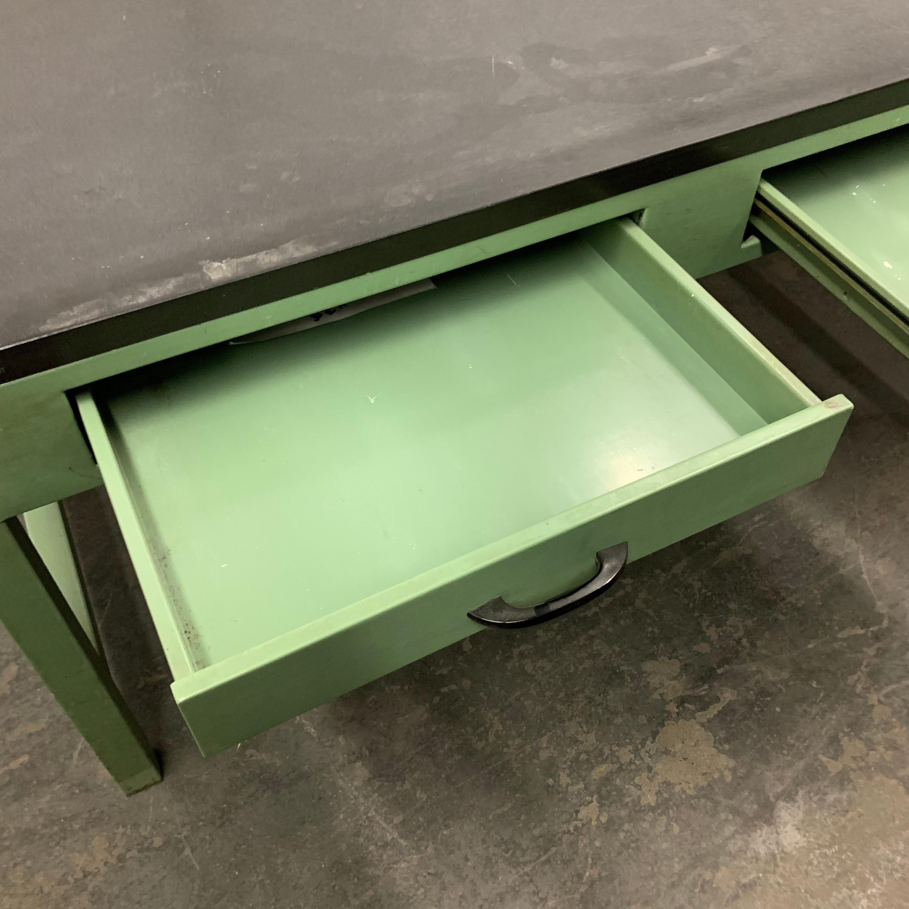 American Mid Century Green Painted Industrial Black Slate Top Two-Drawer Desk 10